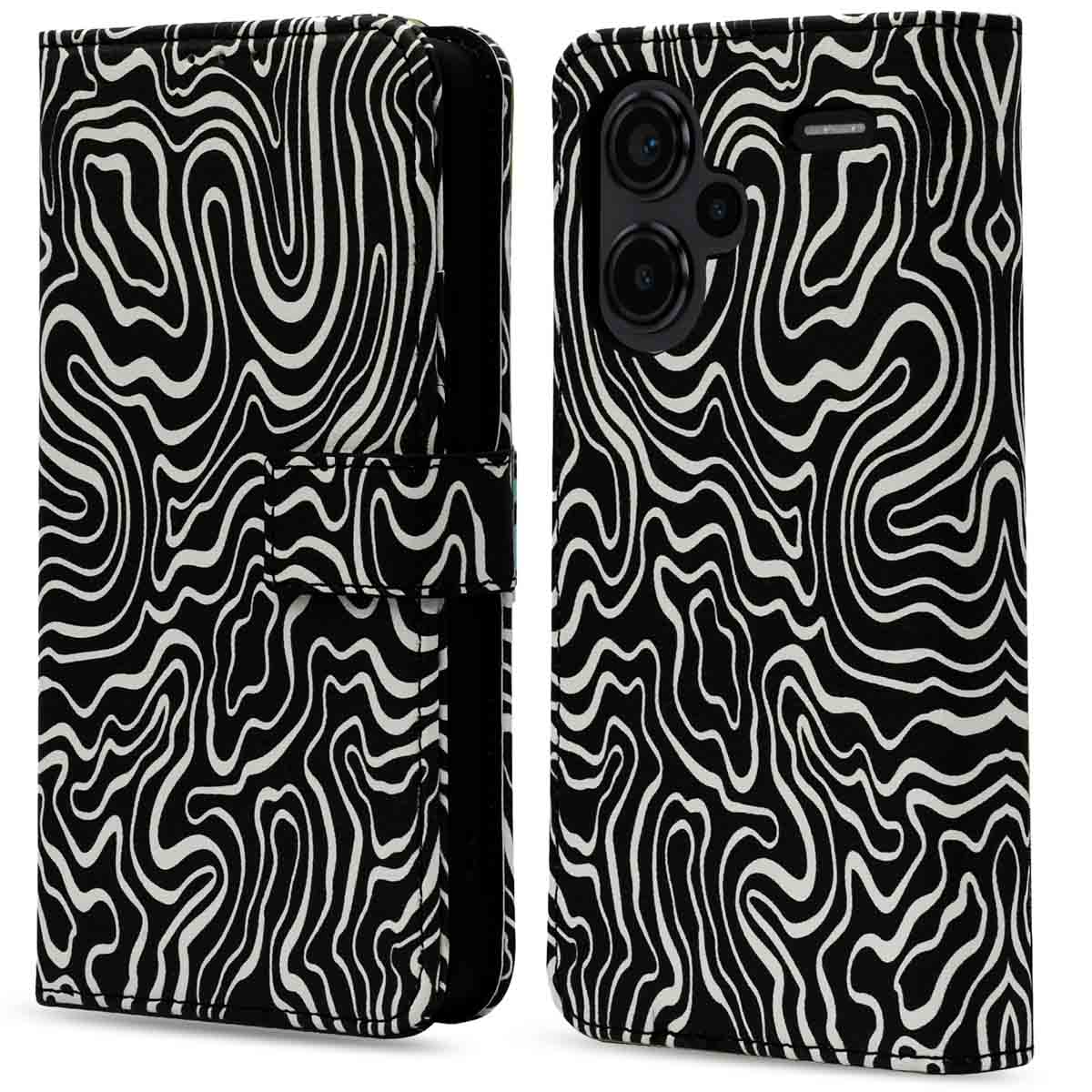 Telefoonhoesje met een zwart-wit abstract ontwerp. De hoes is open en de telefoon zit erin.