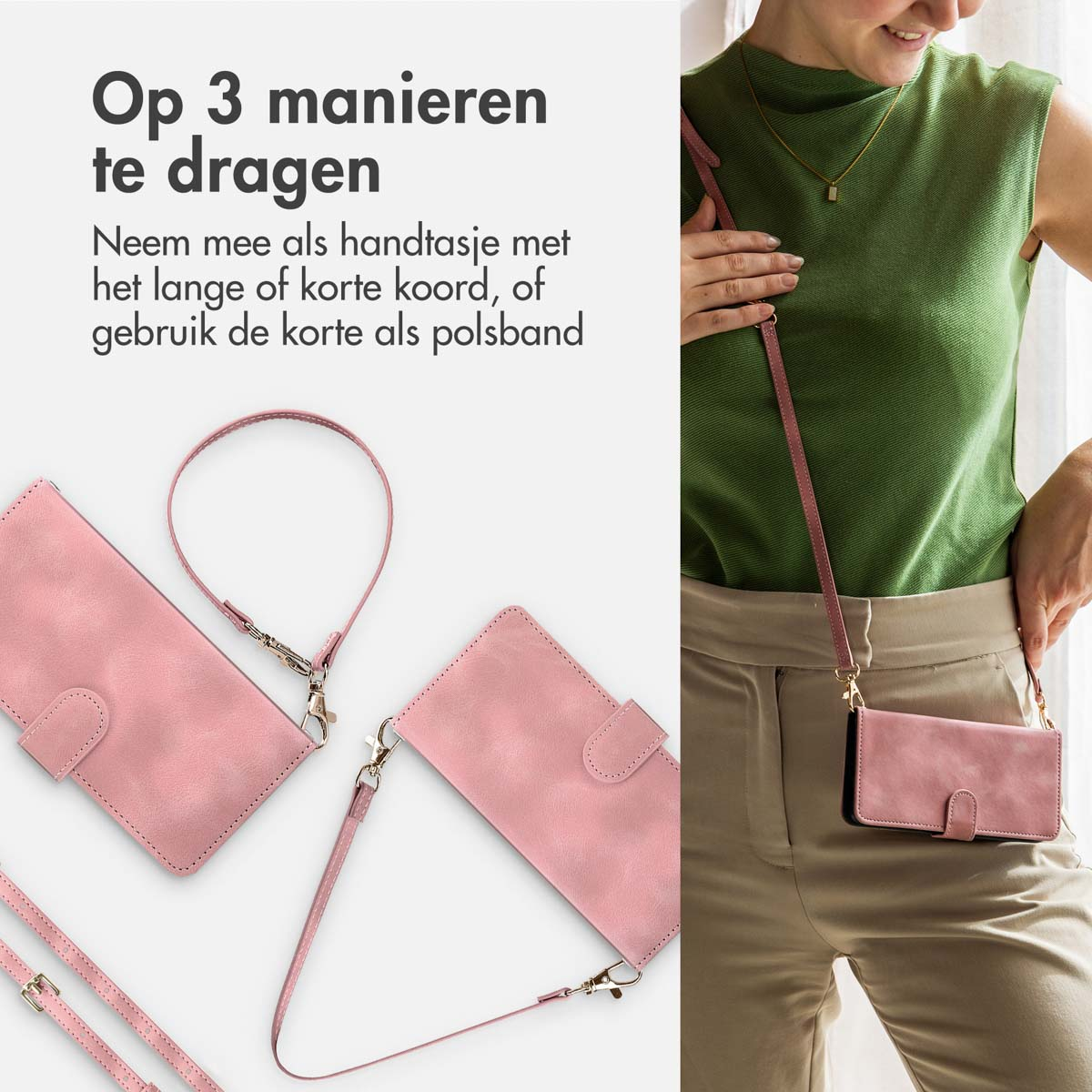 Coque de téléphone rose, avec des options pour la porter comme un sac à main, un sac à bandoulière ou un bracelet.