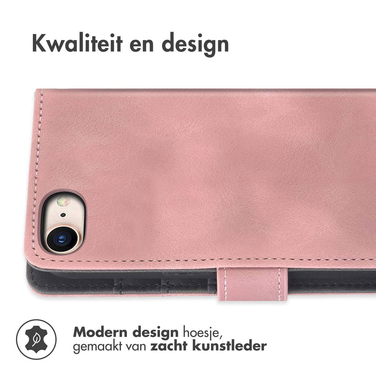 Un étui de téléphone en cuir rose. L'étui est ouvert, montrant l'intérieur et l'appareil photo du téléphone.