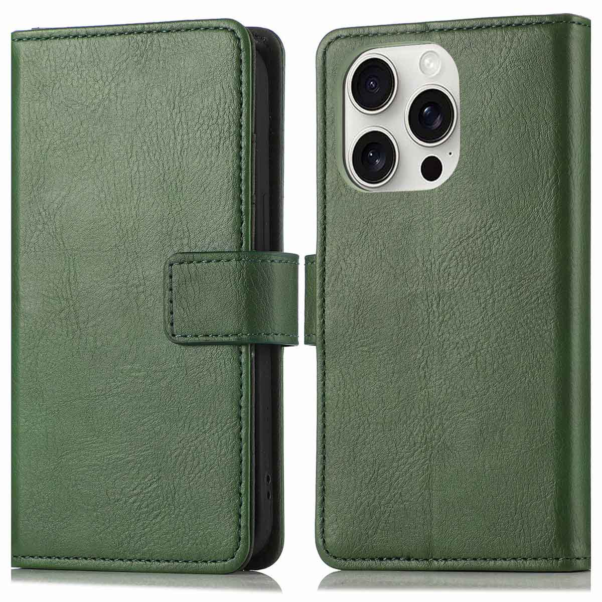 Groene leren telefoonhoes, open. De telefoon staat rechts en toont de camera en het display.