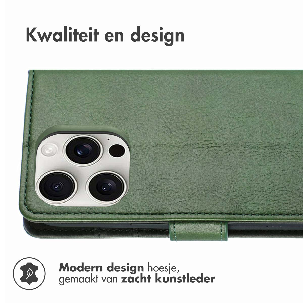 Groene telefoonhoes met camera-uitsparingen en een leerachtige textuur.