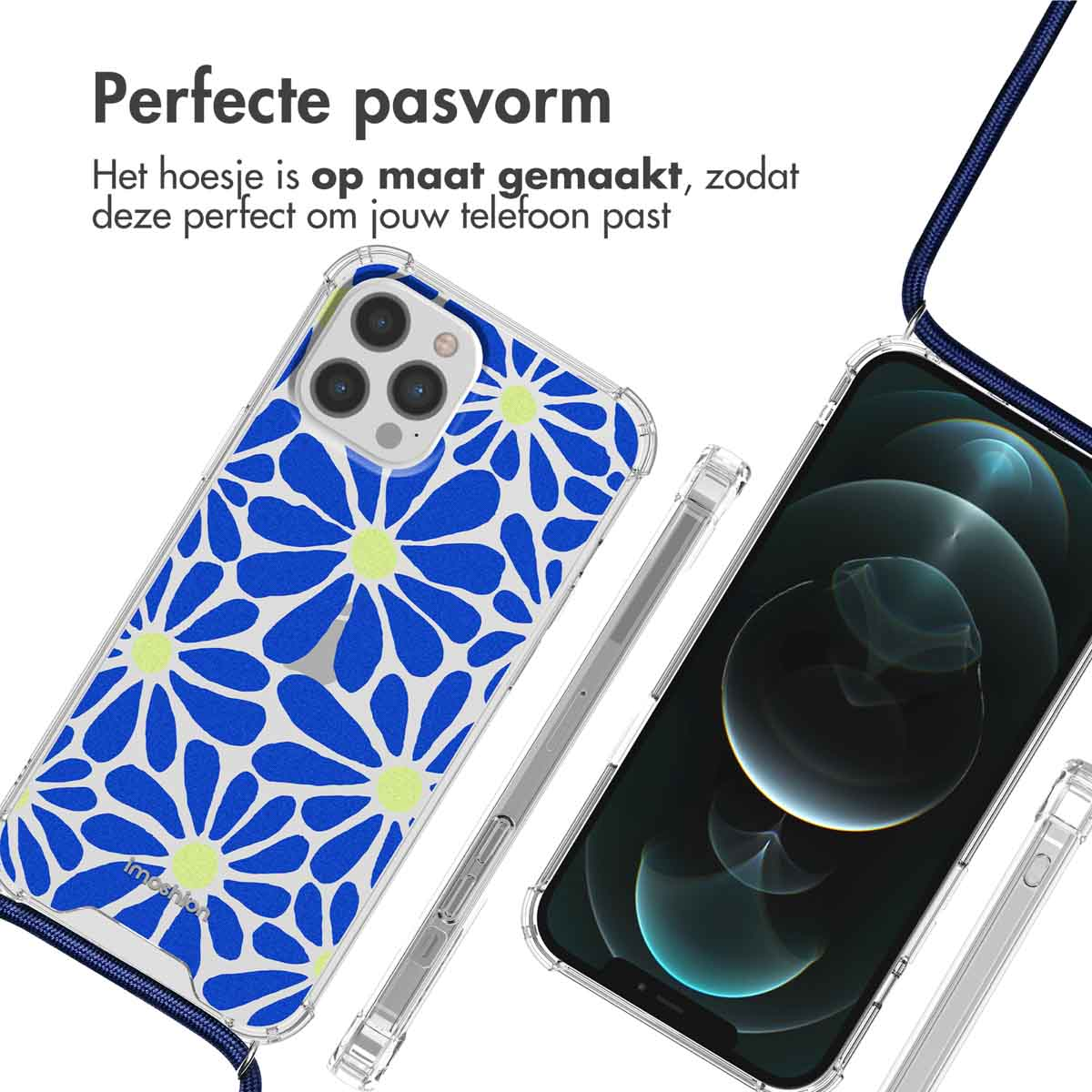 Deux téléphones avec étuis : un avec des fleurs bleues, un avec un étui transparent, sur fond blanc.