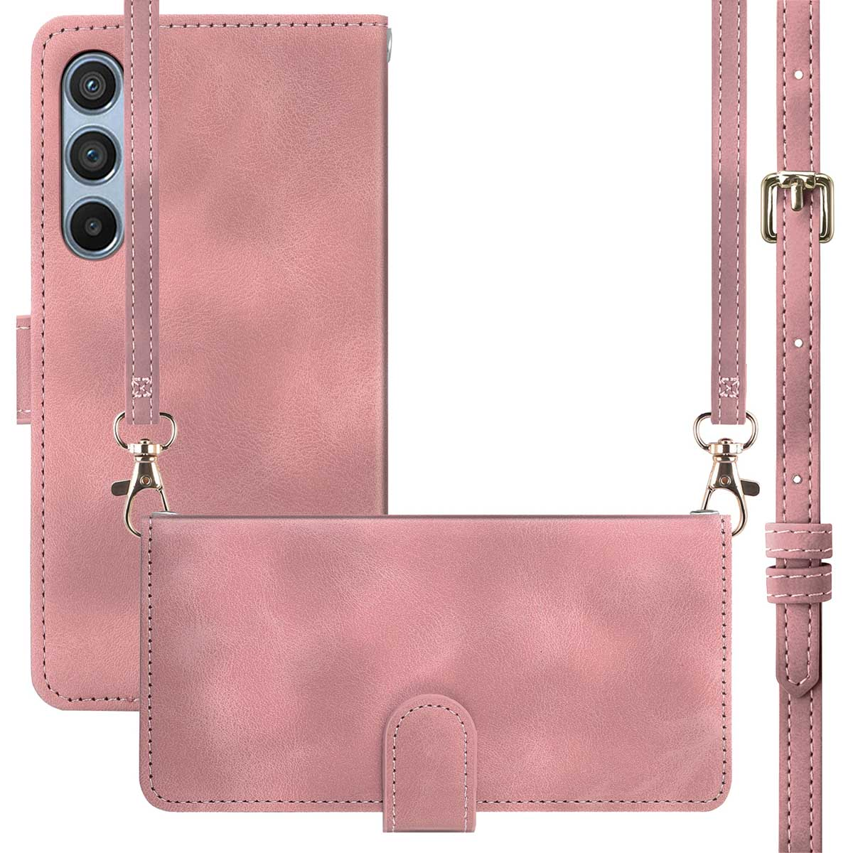 Roze telefoonhoes met flap en schouderriem. Heeft een knoopsluiting.