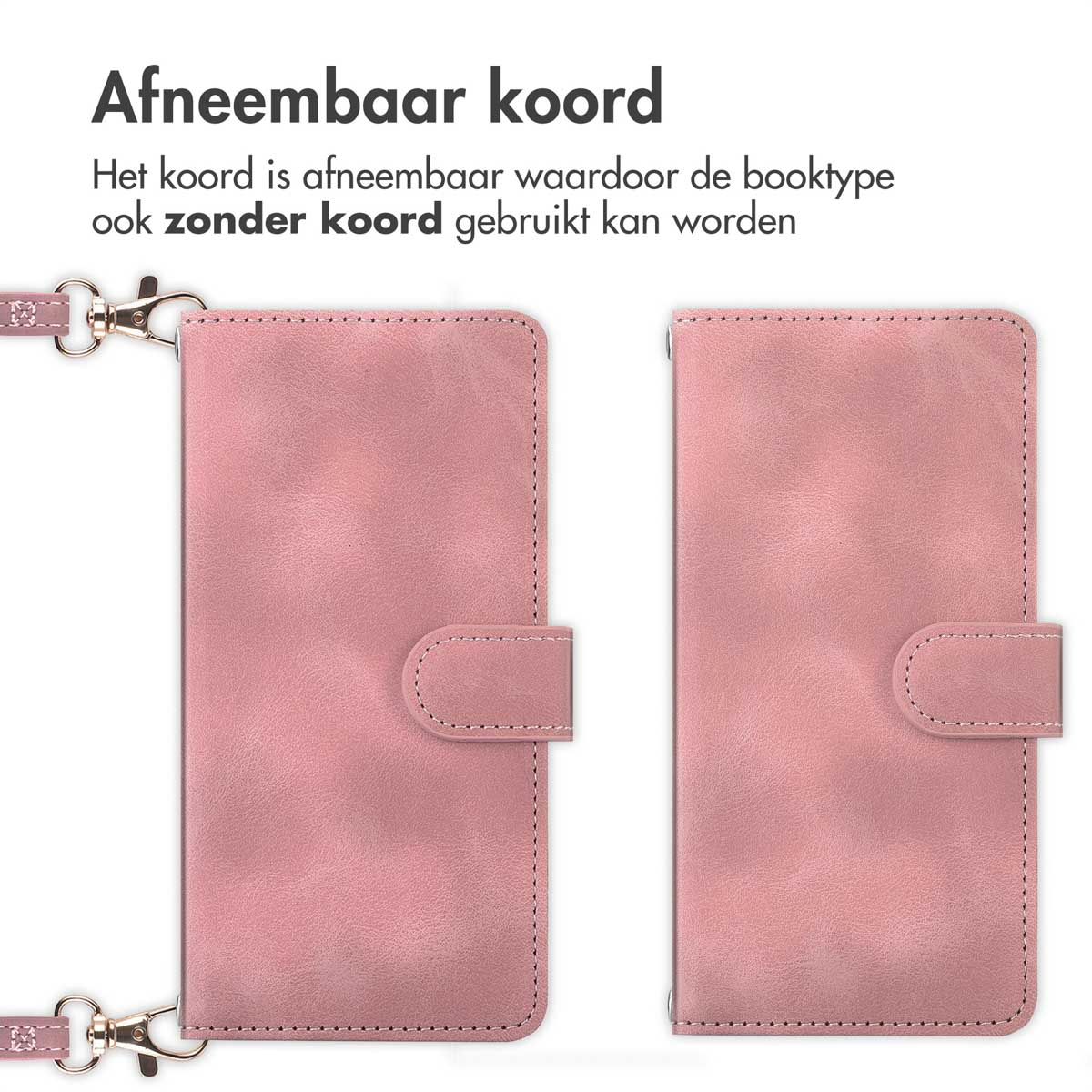 Roze telefoonhoes met afneembaar koord, open en gesloten getoond. Tekst: 'Afneembaar koord'.