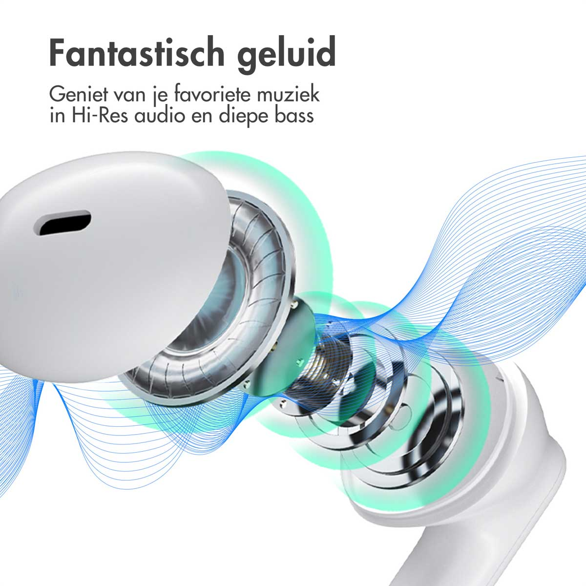 White earbuds with a detailed look at the internal components and blue wavy lines.