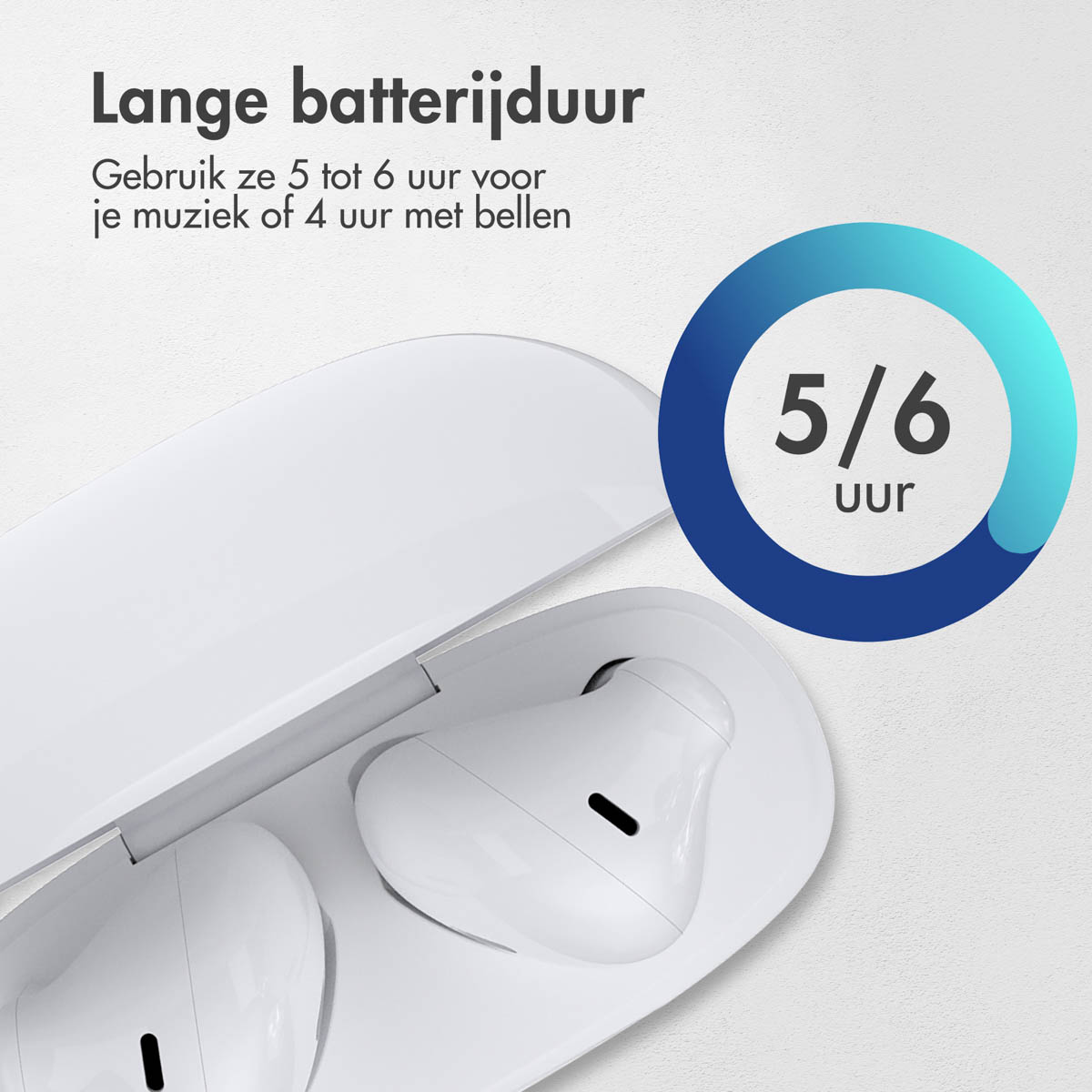White wireless earbuds in case. Display shows battery life, 5/6 hours.