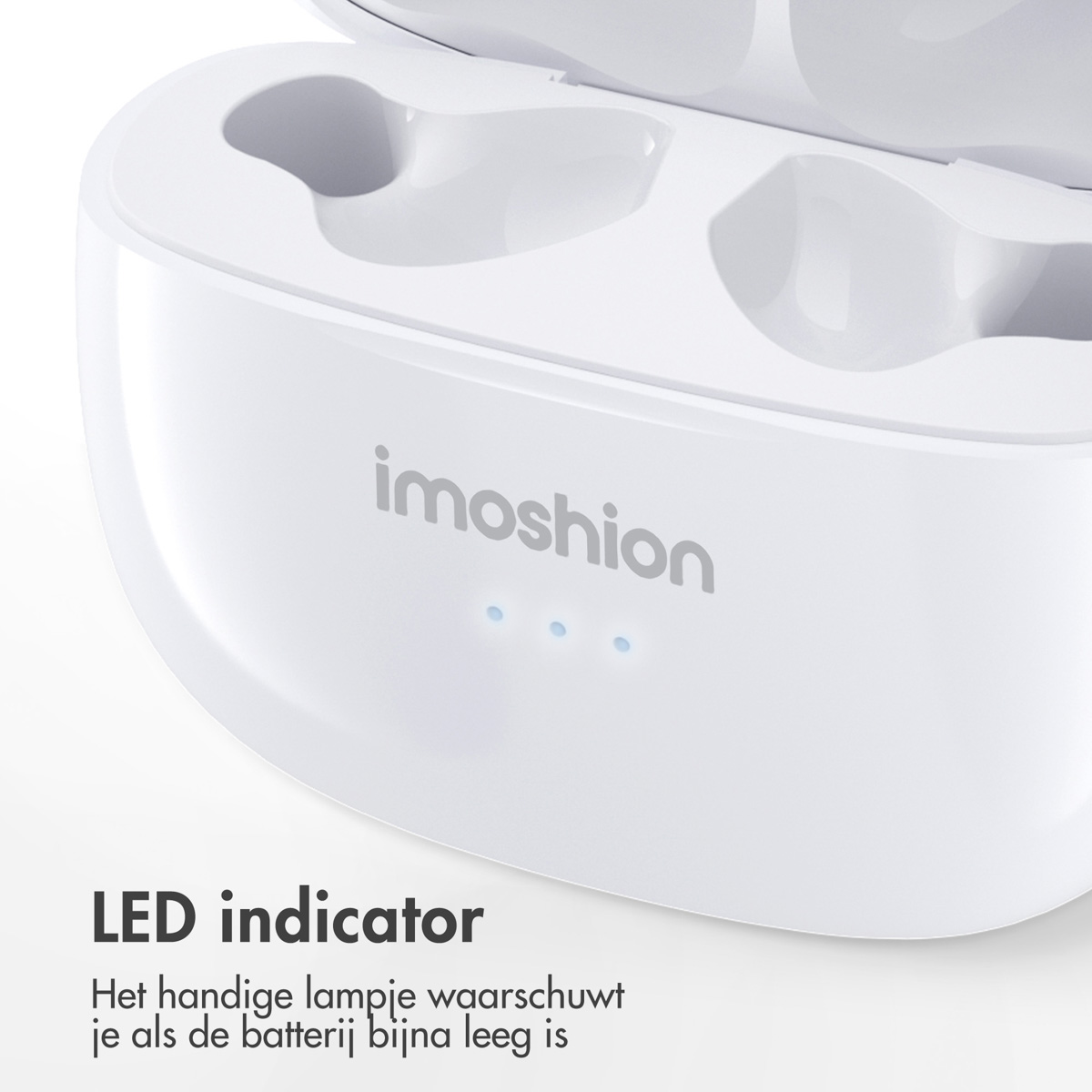 A white charging case with the logo 'imoshion' and three blue LED lights indicating battery status.