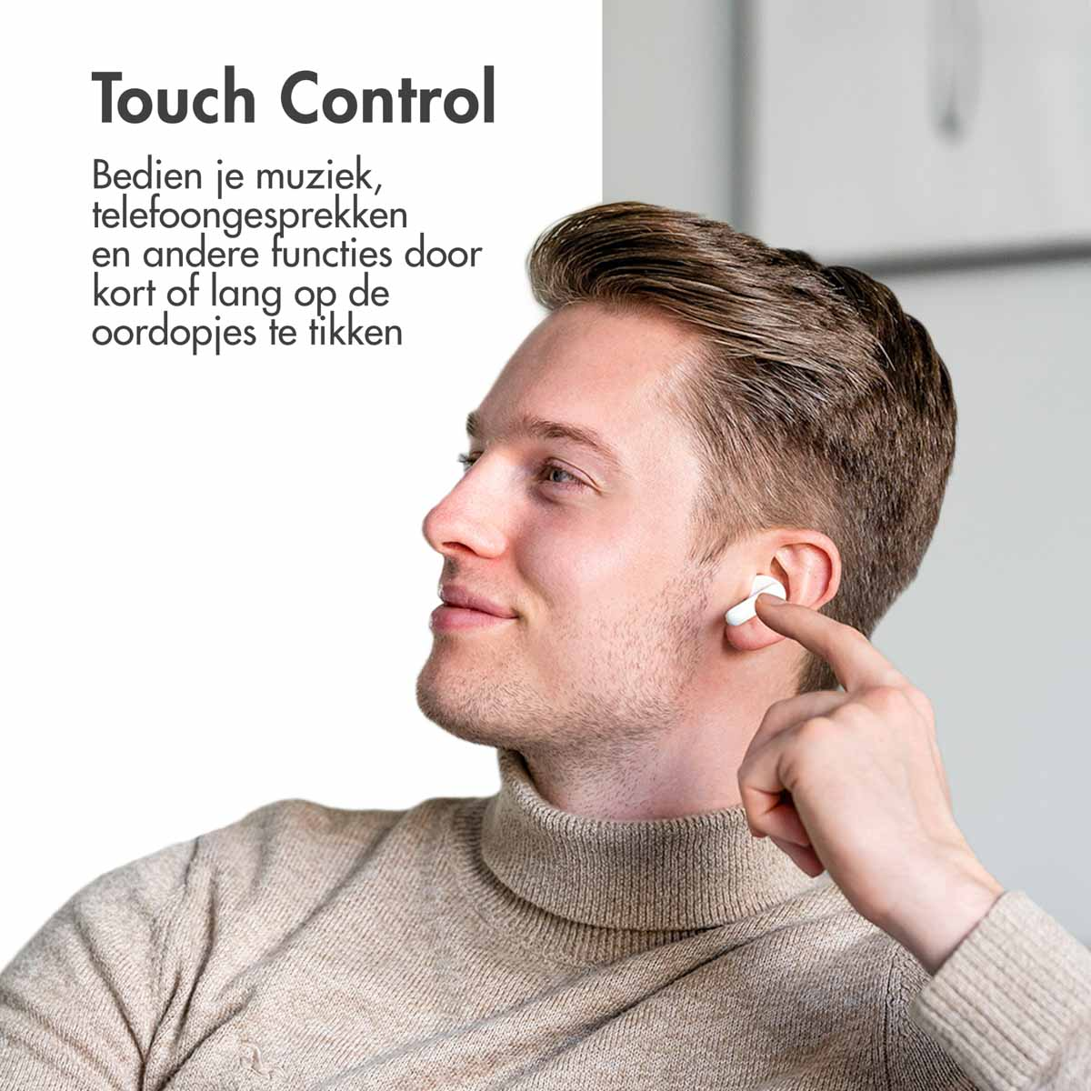 Man wearing white earbuds. He's touching one earbud with his finger. Text about touch control.
