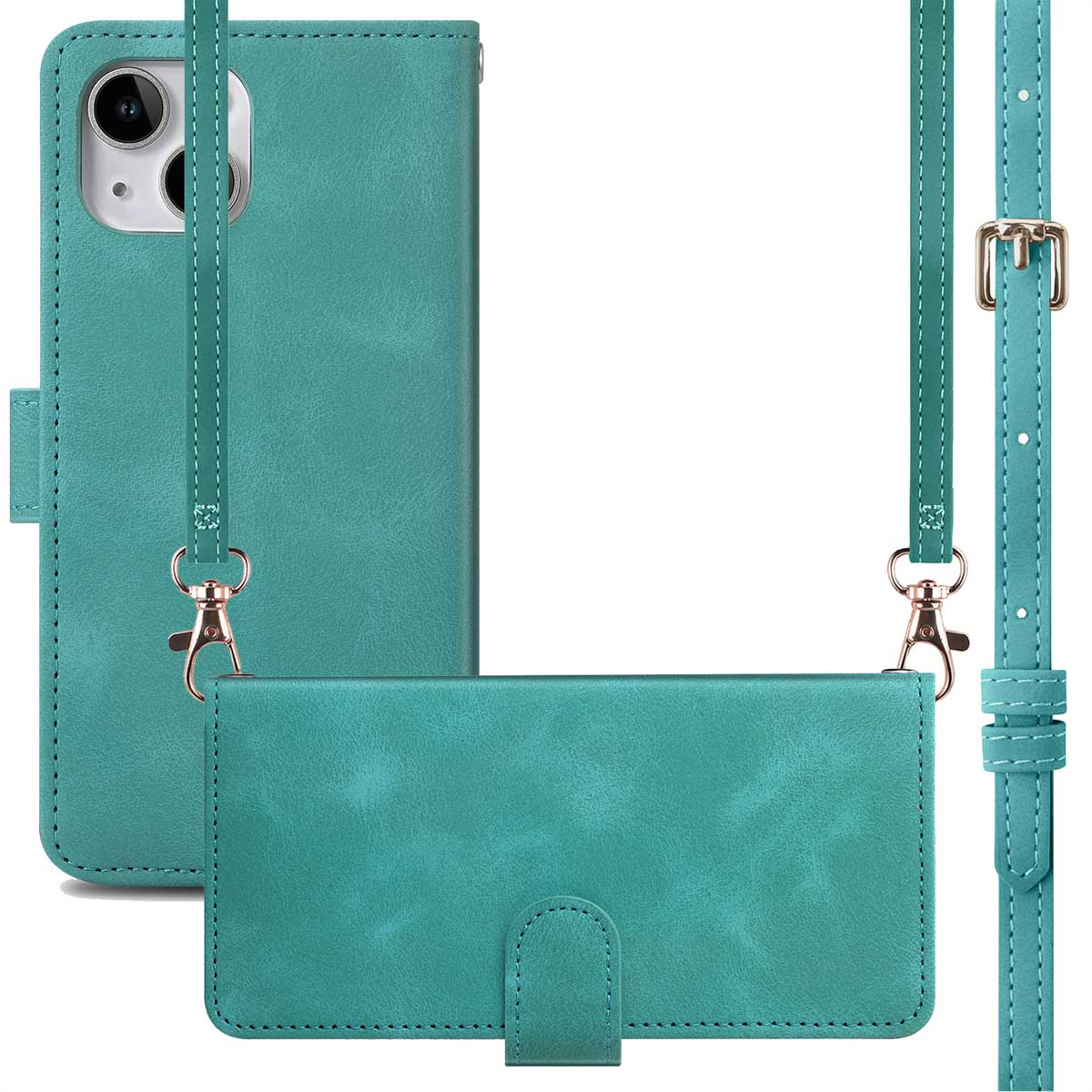 Teal telefoonhoesje met een riem, met een telefoon erin. De hoes heeft een portemonnee-ontwerp.
