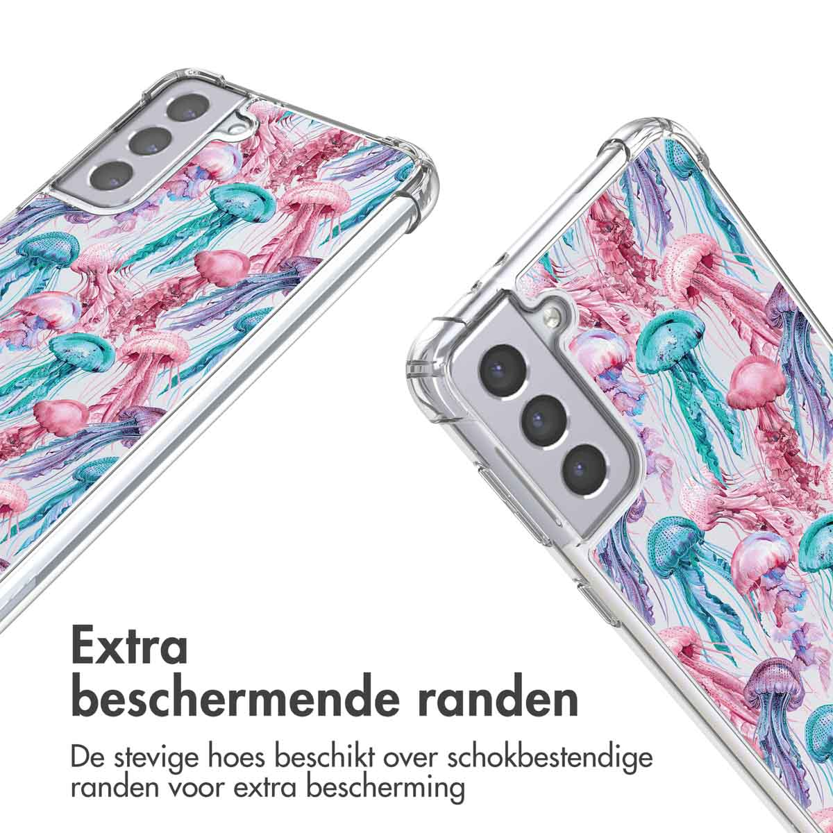 Telefoonhoesje met een kwallenpatroon en beschermende randen, close-up.