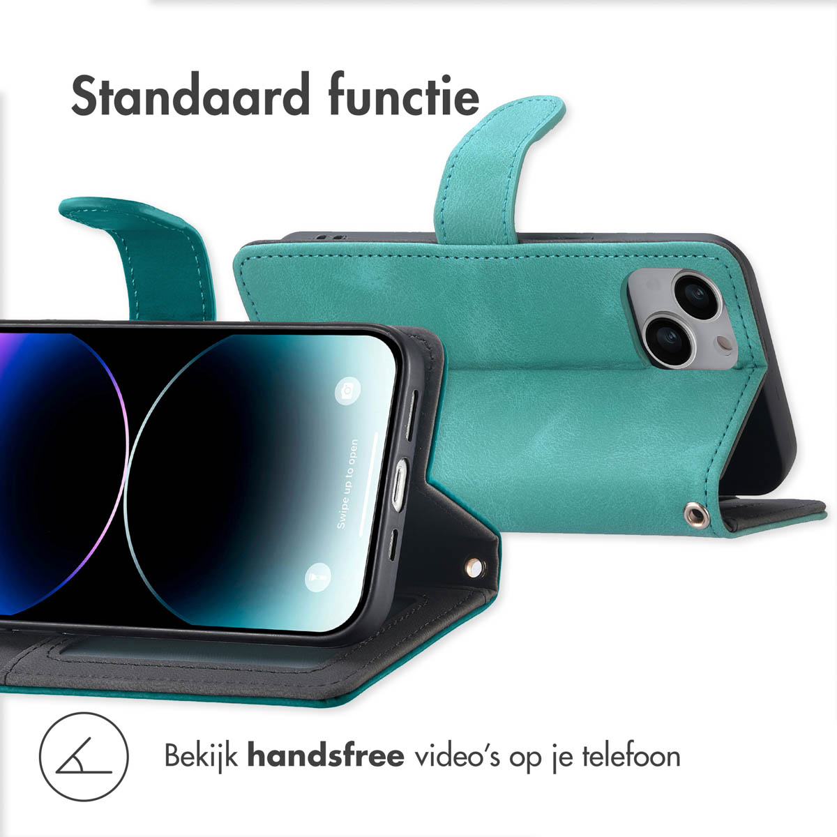 Teal telefoonhoesje met een telefoon erin. De telefoon toont een scherm met veeg om te openen.