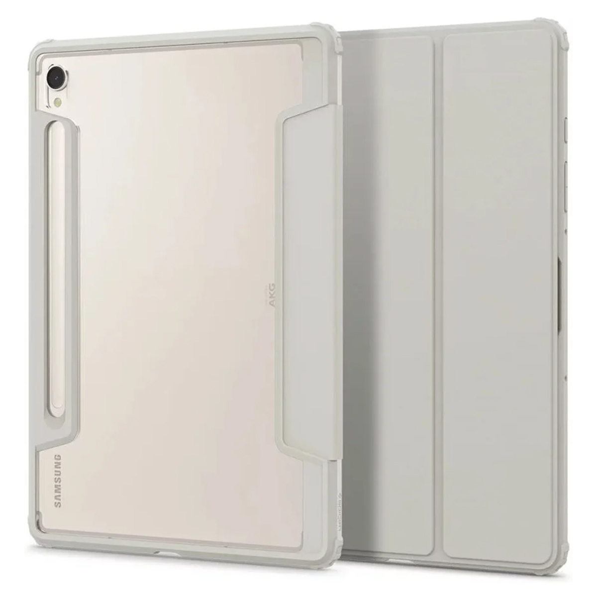 White tablet case with a cover open. It has a Samsung logo and a pen holder.
