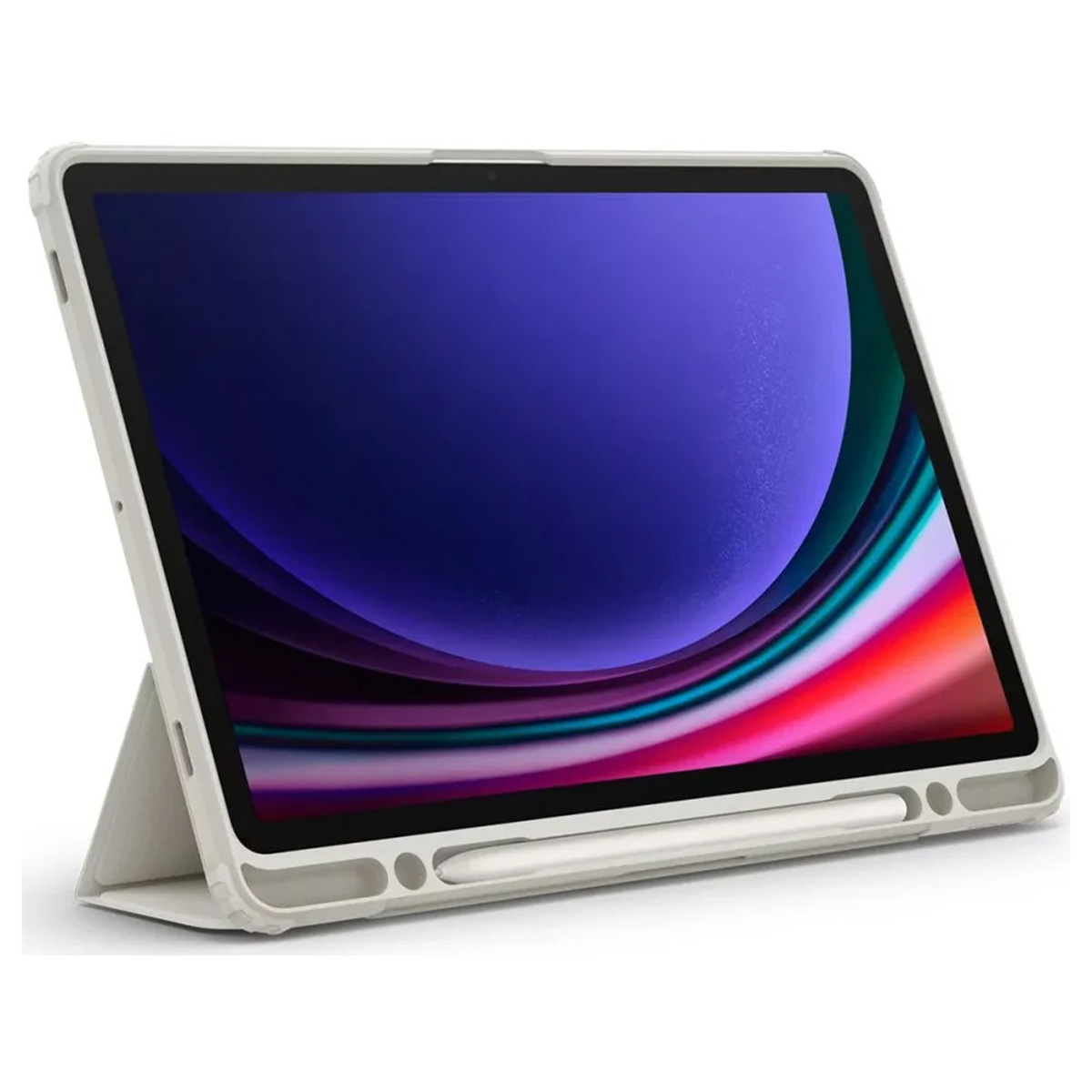 White iPad with case, screen showing colorful abstract art, and a pen. Angled view on white surface.