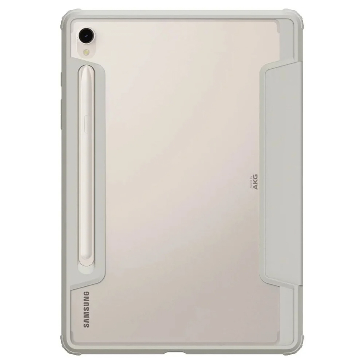 Tablet case, light gray, back view, with stylus holder and AKG branding.
