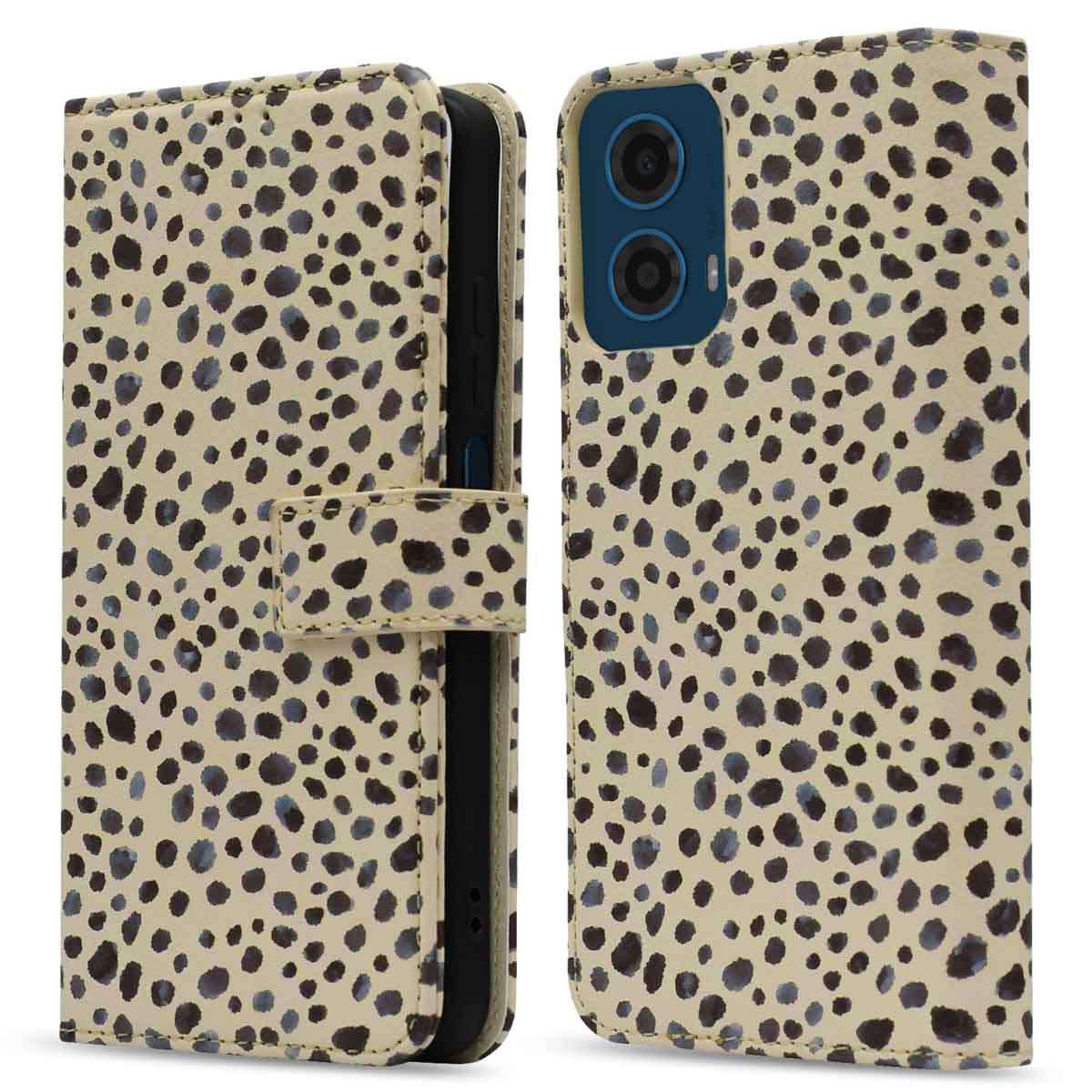 Telefoonhoes met stippenpatroon. De hoes is open en toont de telefoon.