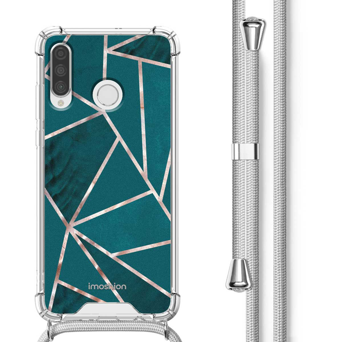 Teal telefoonhoesje met een geometrisch patroon en een doorzichtige, doorzichtige riem. De hoes is voor een telefoon.