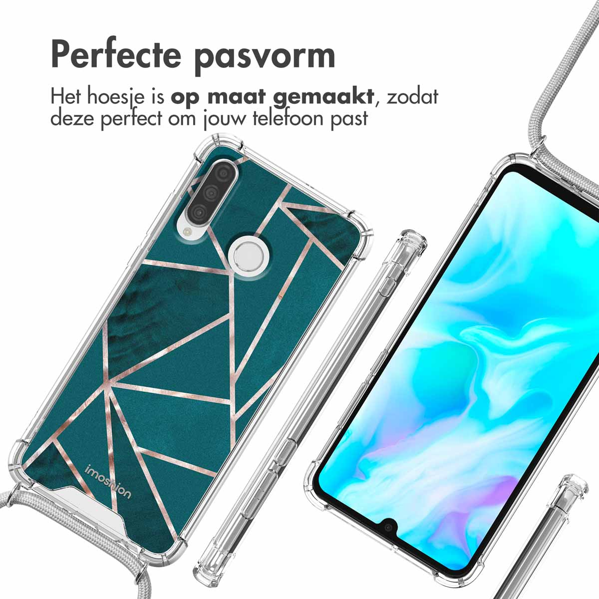 Telefoonhoesjes met een geometrisch patroon en een koord bevestigd. Transparante en blauwgroene kleuren.