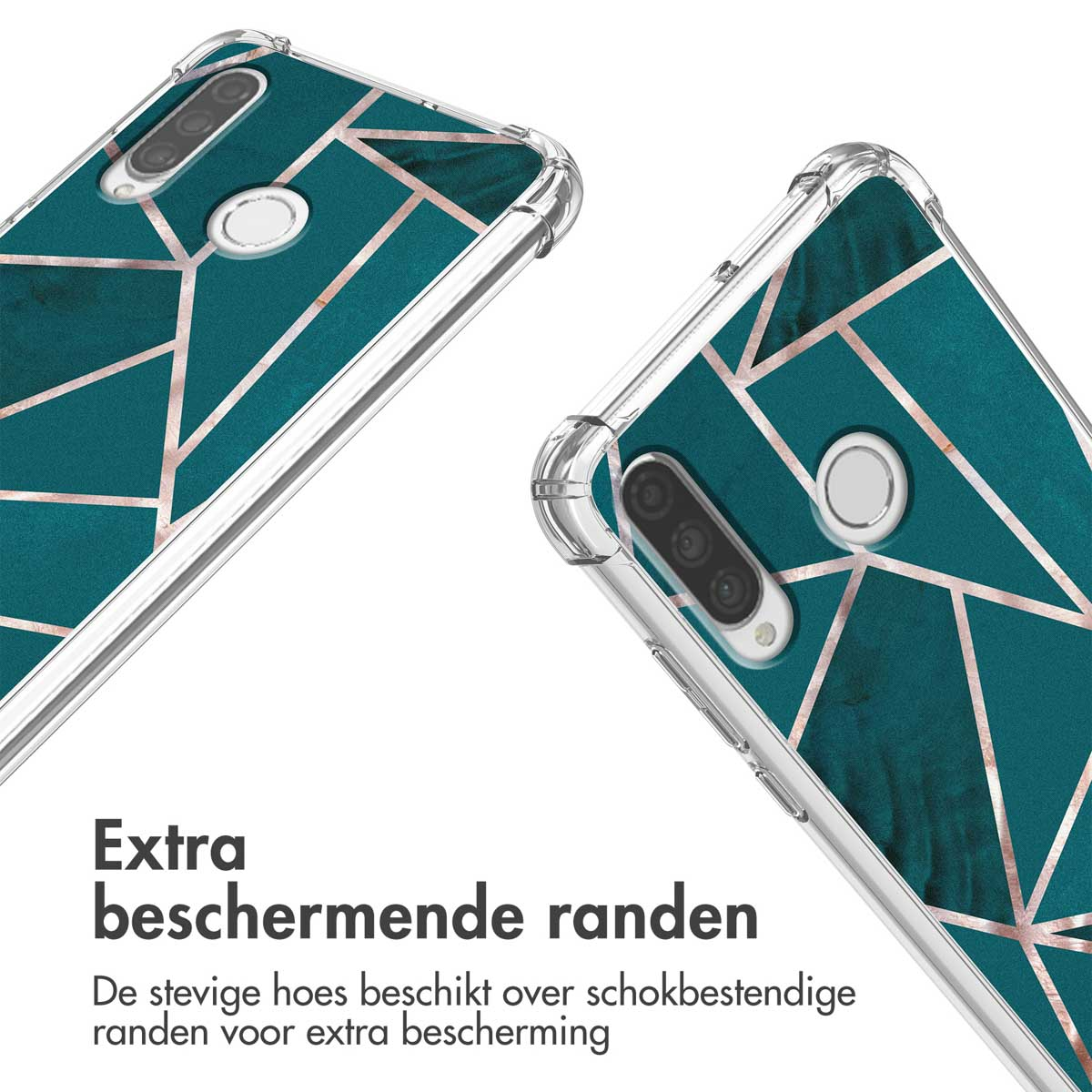 Telefoonhoesje met geometrisch ontwerp. Blauwgroen en goud patroon op een transparante achtergrond. Beschermende randen.