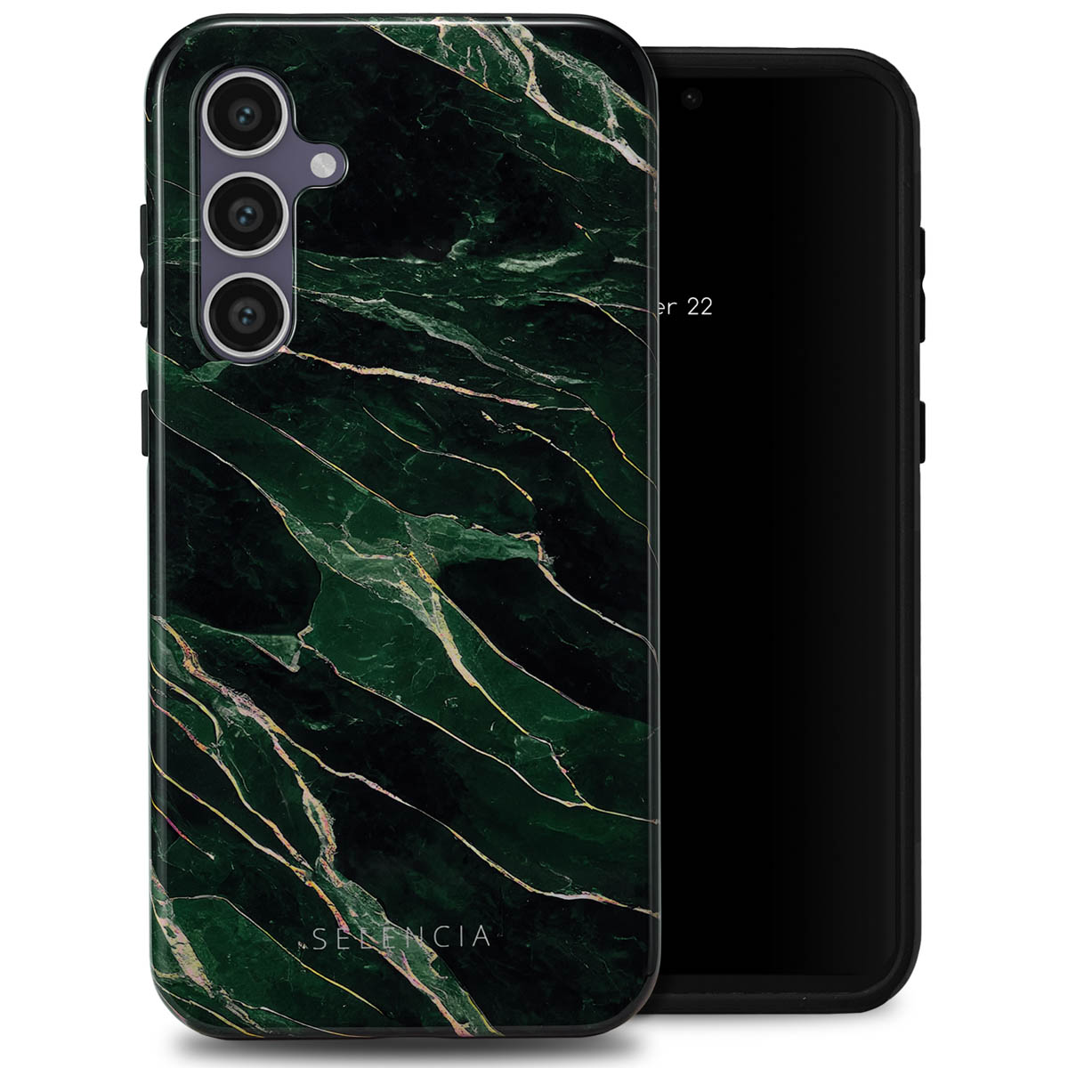 Une coque de téléphone avec un motif marbré. La coque est vert foncé et noire.