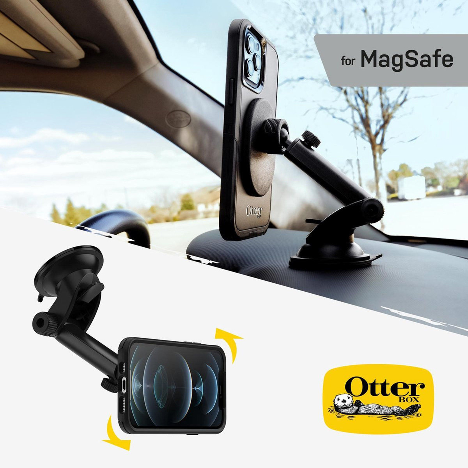 Telefoon gemonteerd op een autodashboard met een MagSafe-compatibele telefoonhouder. OtterBox-logo.
