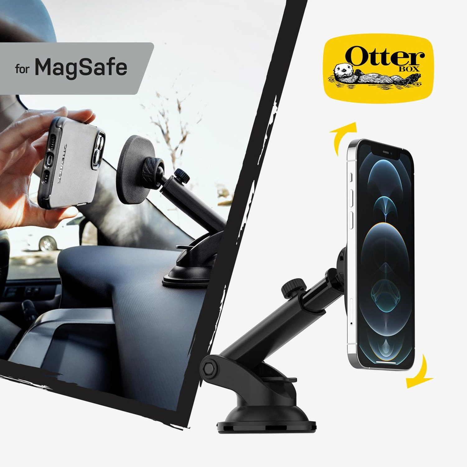 Een autotelefoonhouder met een telefoon bevestigd. Een OtterBox-logo is zichtbaar.