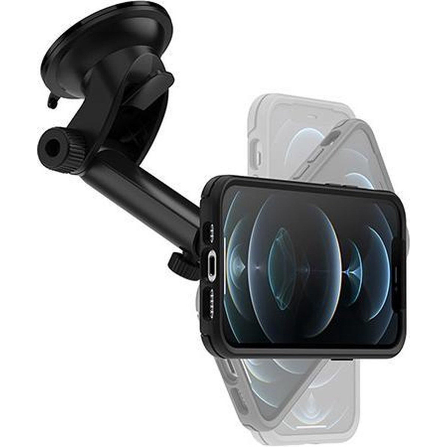 Een zwarte telefoon in een hoesje gemonteerd op een autoraamhouder, schuine weergave.