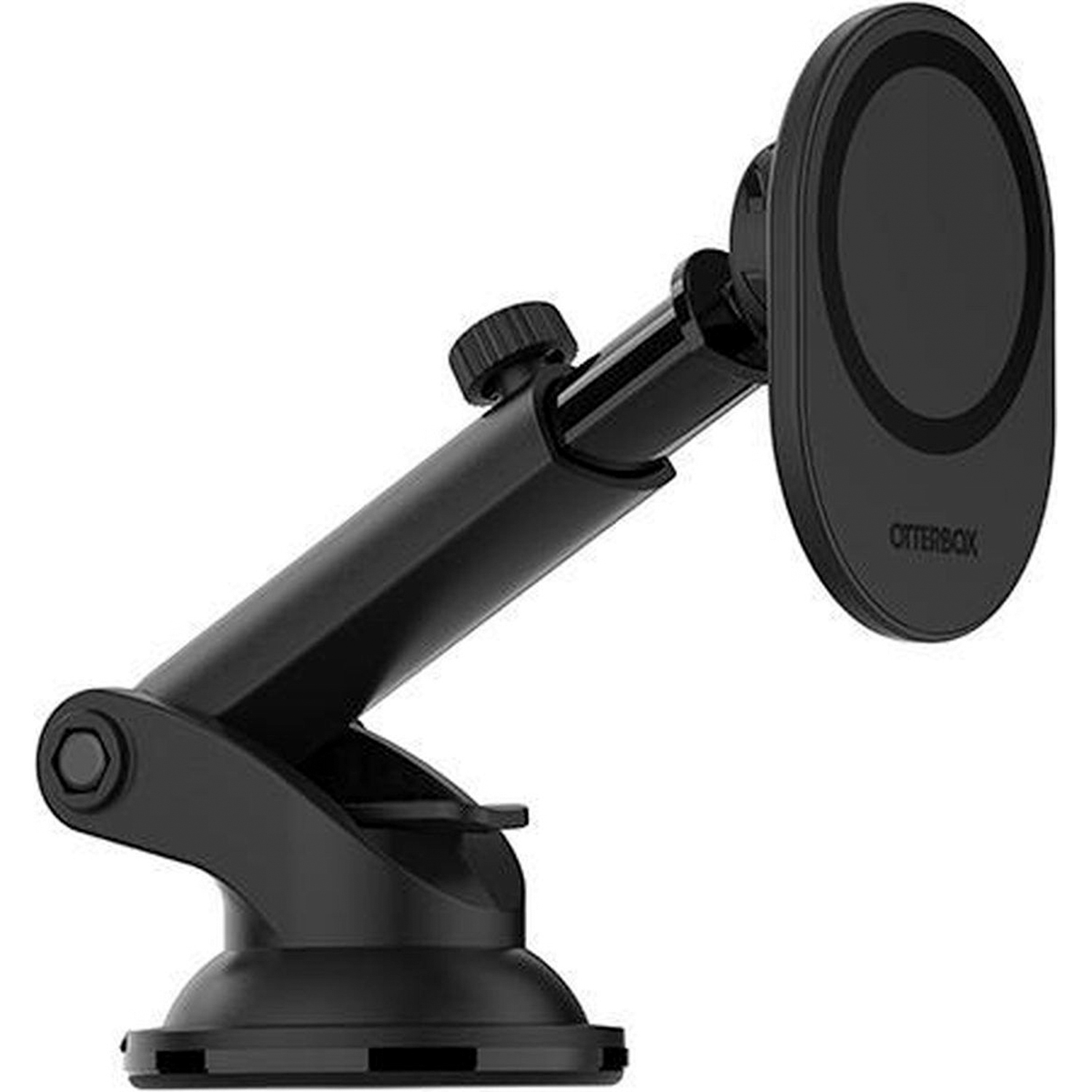 Zwarte telefoonhouder voor een autodashboard, met zuignapvoet.