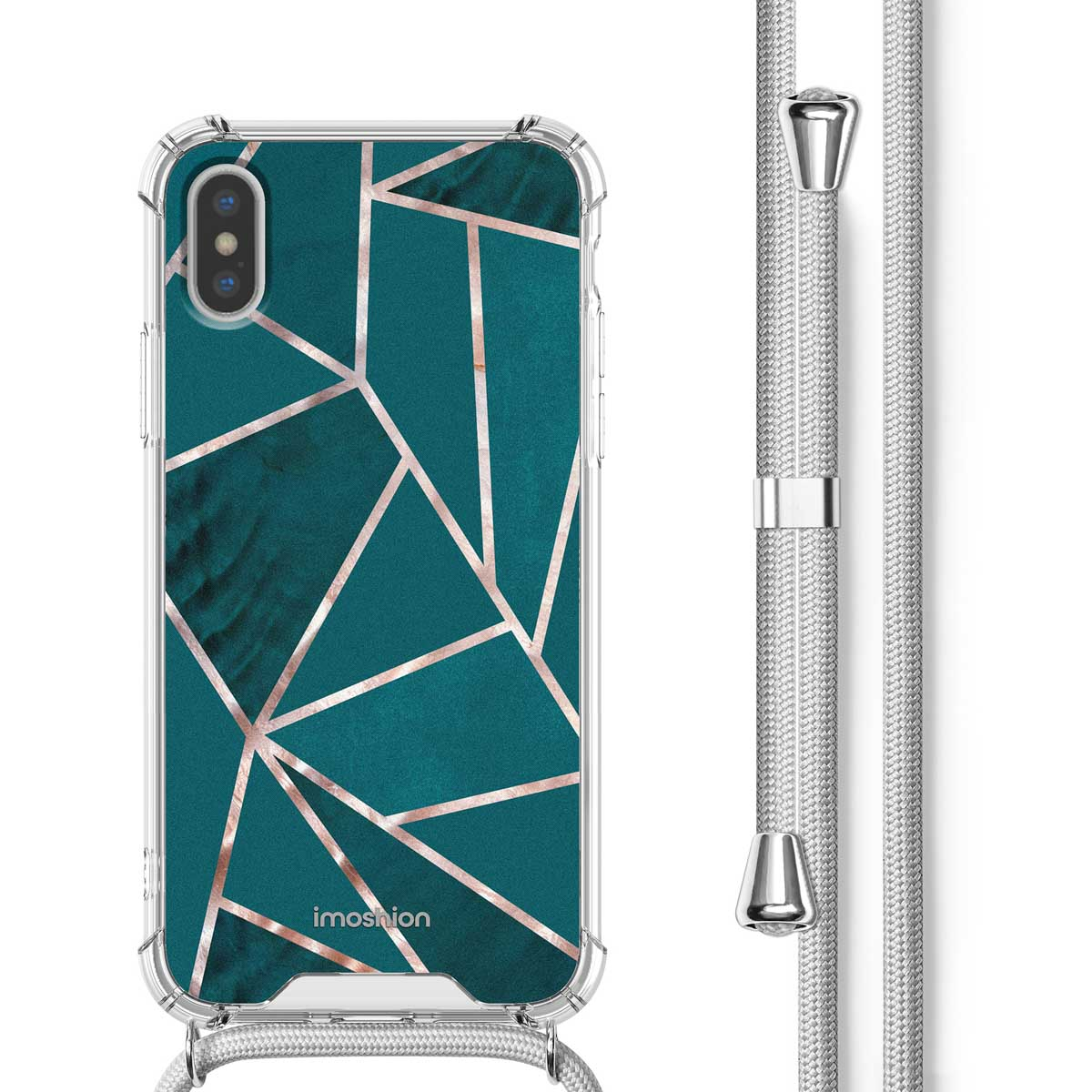 Petrol en gouden geometrische telefoonhoes met zilveren koord.