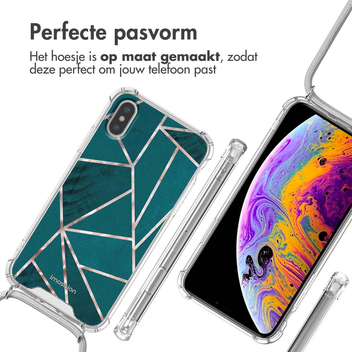 Telefoonhoesjes met een geometrisch ontwerp. Eén zit in een telefoon. De andere ligt op de zijkant. De hoesjes zijn transparant.
