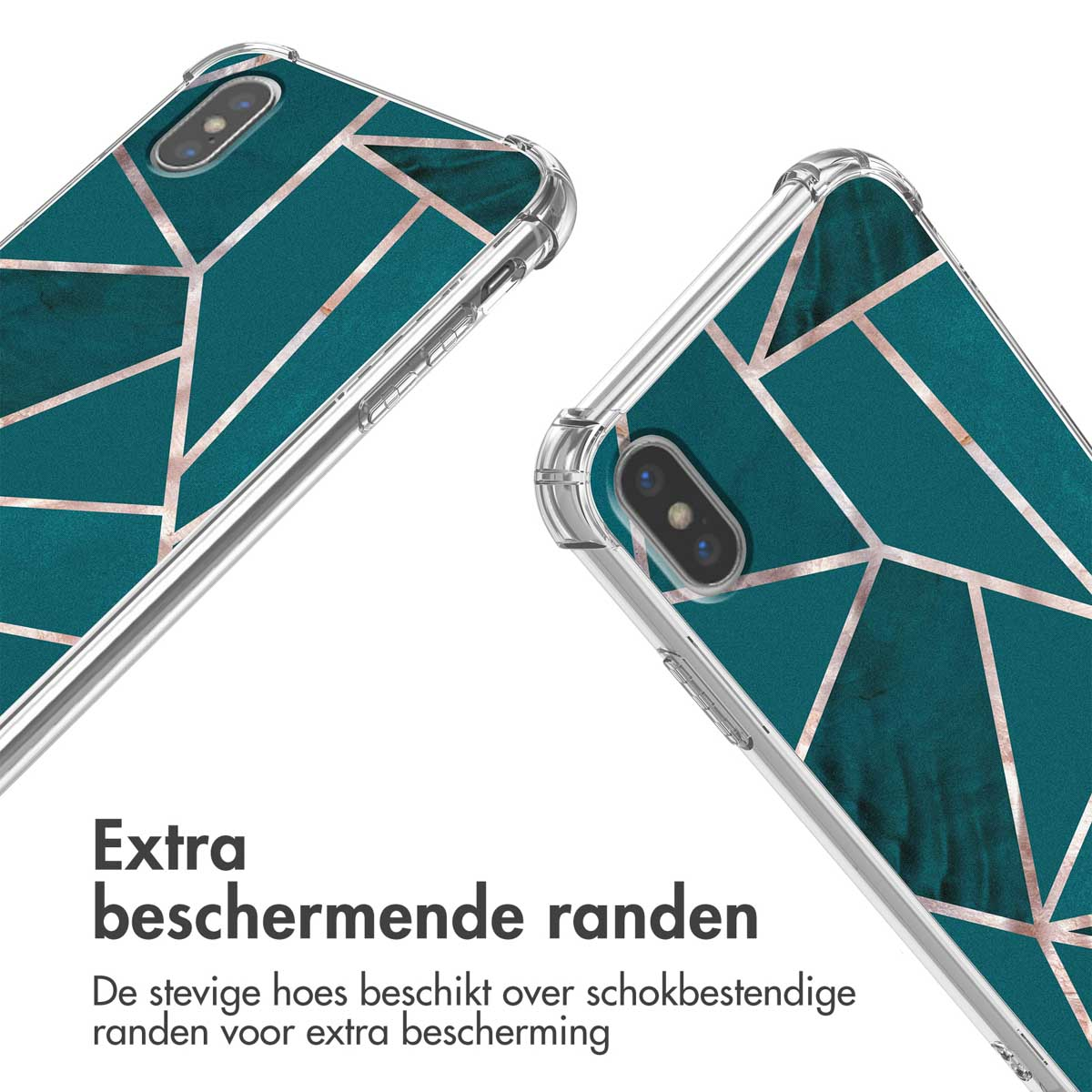Twee telefoonhoesjes met teal en goud geometrisch ontwerp. Doorzichtige randen. Tekst: Extra beschermende randen.