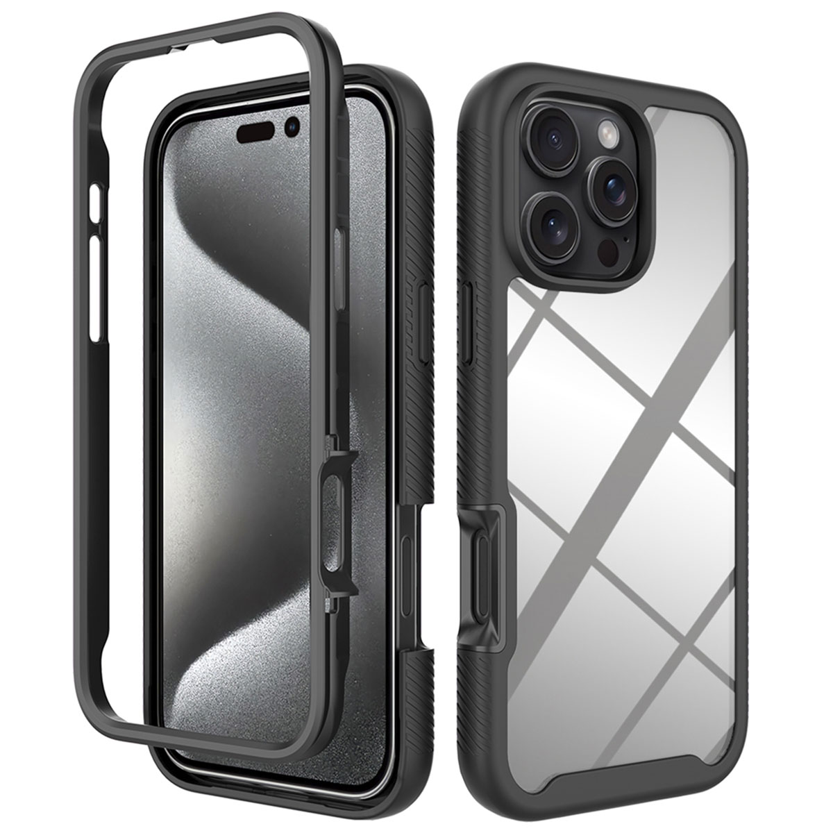 Coque de téléphone noire, démontée, à côté d'un téléphone. Coque de téléphone transparente.