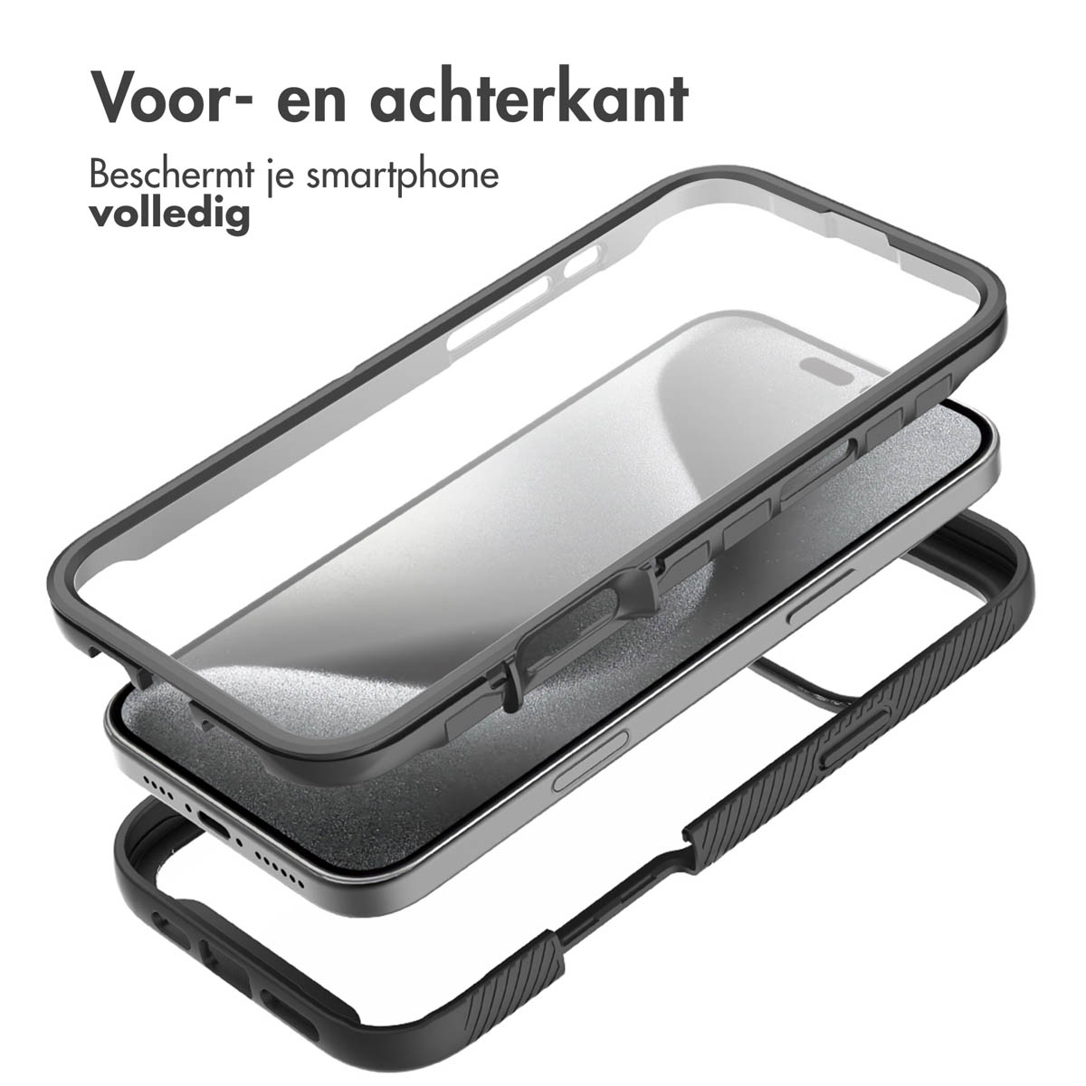 Étui de téléphone noir avec trois parties. Le fond est blanc.
