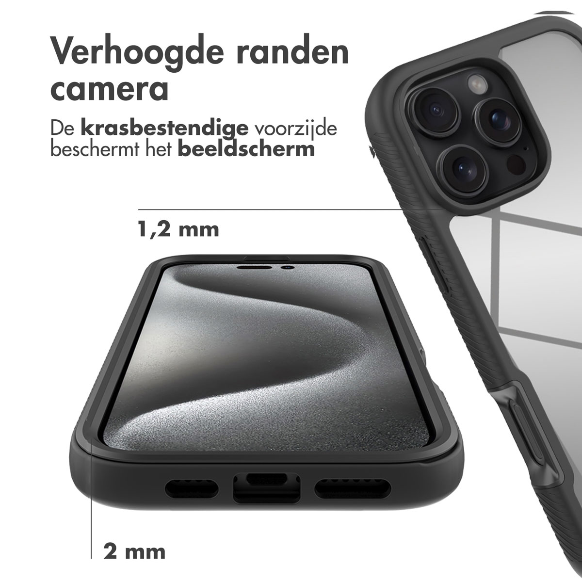 Coque de téléphone avec cadre noir. L'écran du téléphone est sur le devant. Le bord est noir.