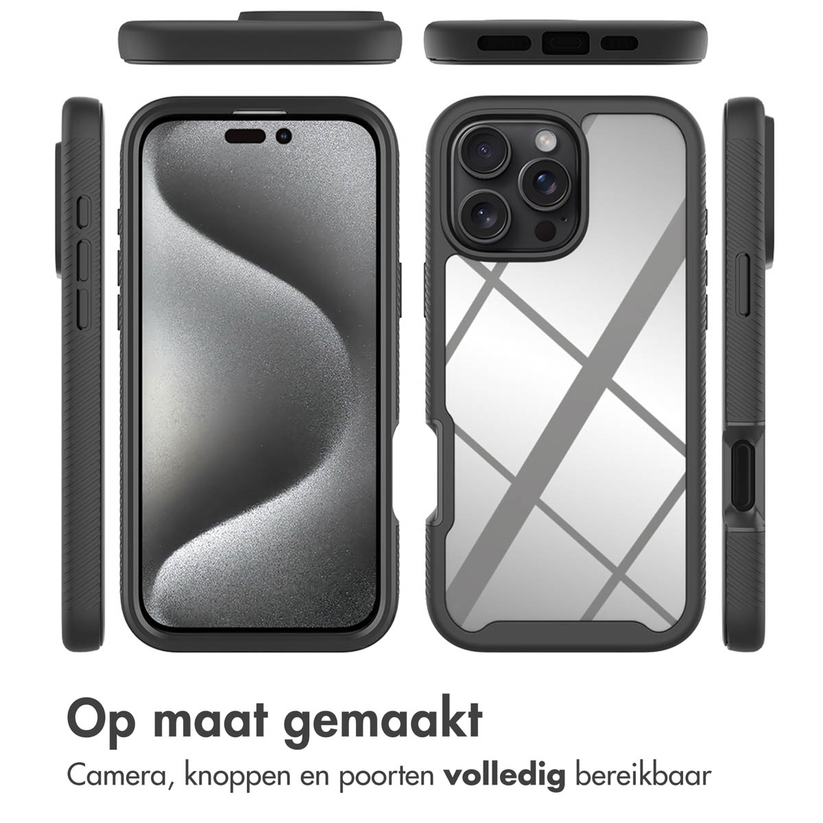 Coque de téléphone sous différents angles. Le texte dit : Fabriqué sur mesure. Caméra, boutons et ports entièrement accessibles.