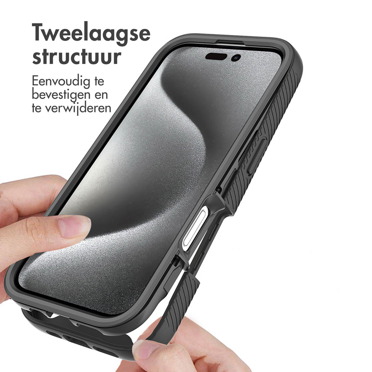 Une coque de téléphone contenant un téléphone. Texte : Structure à deux couches. Facile à installer et à retirer.