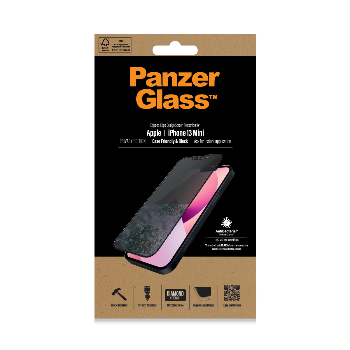 Scatola con protezioni schermo, con testo 'PanzerGlass' e un logo antibatterico.