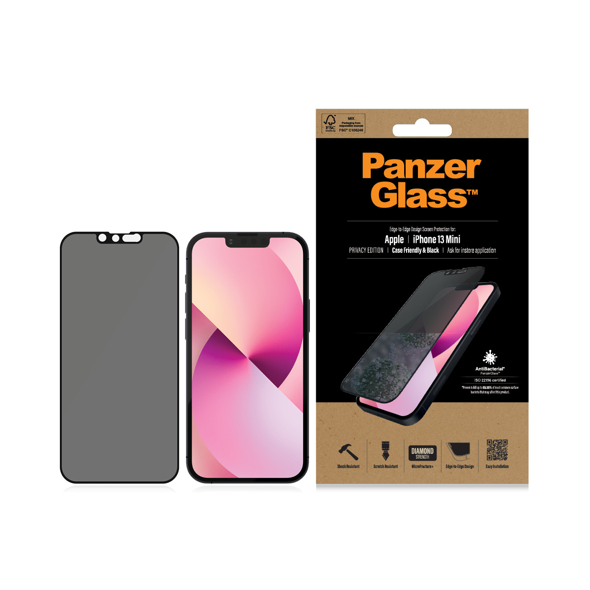 Telefono e confezione protezione schermo. iPhone 13 mini nero, con protezione schermo applicata. Sfondo bianco.