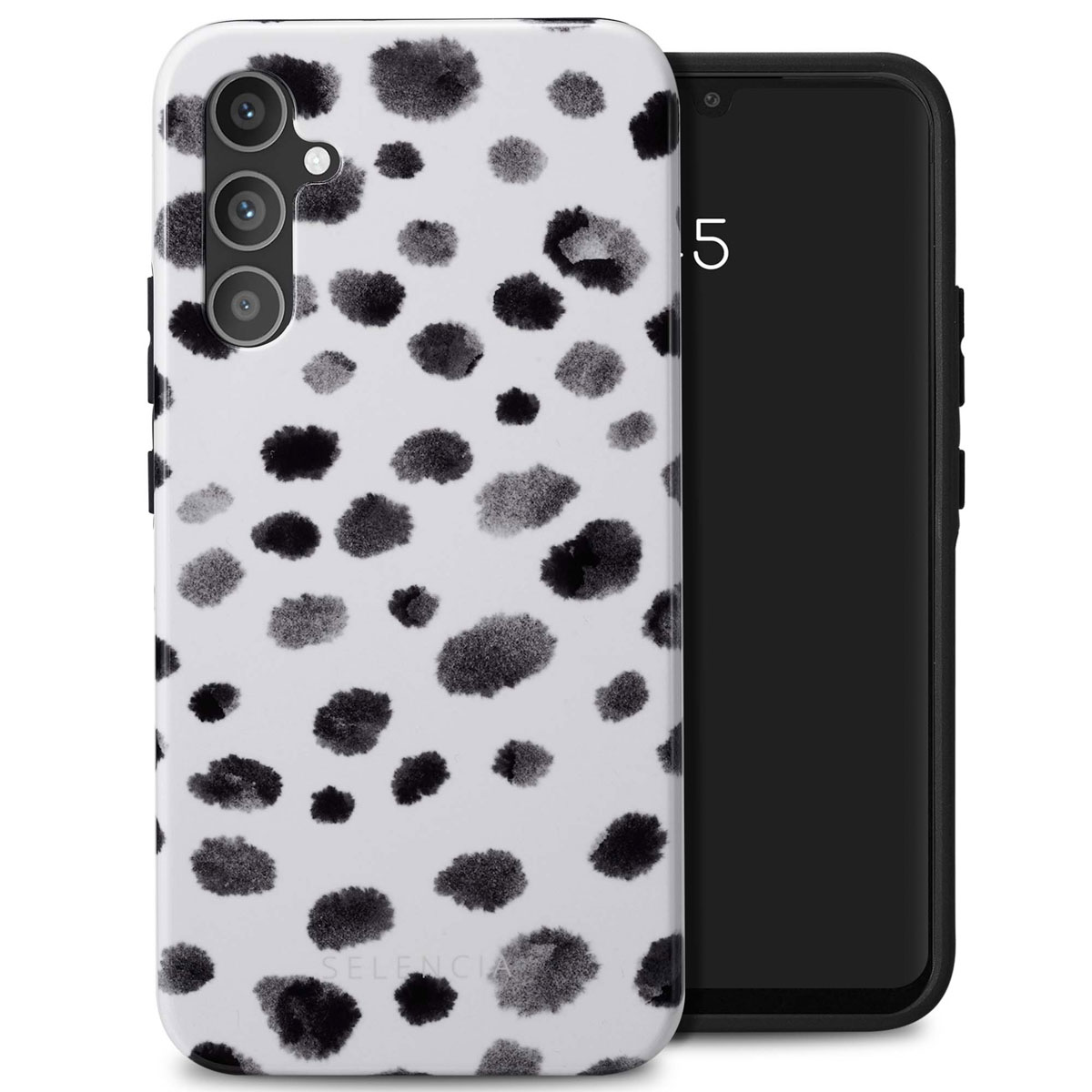 Telefoonhoesje met zwart-witte stippen. Een telefoon met zwart scherm zit erin.