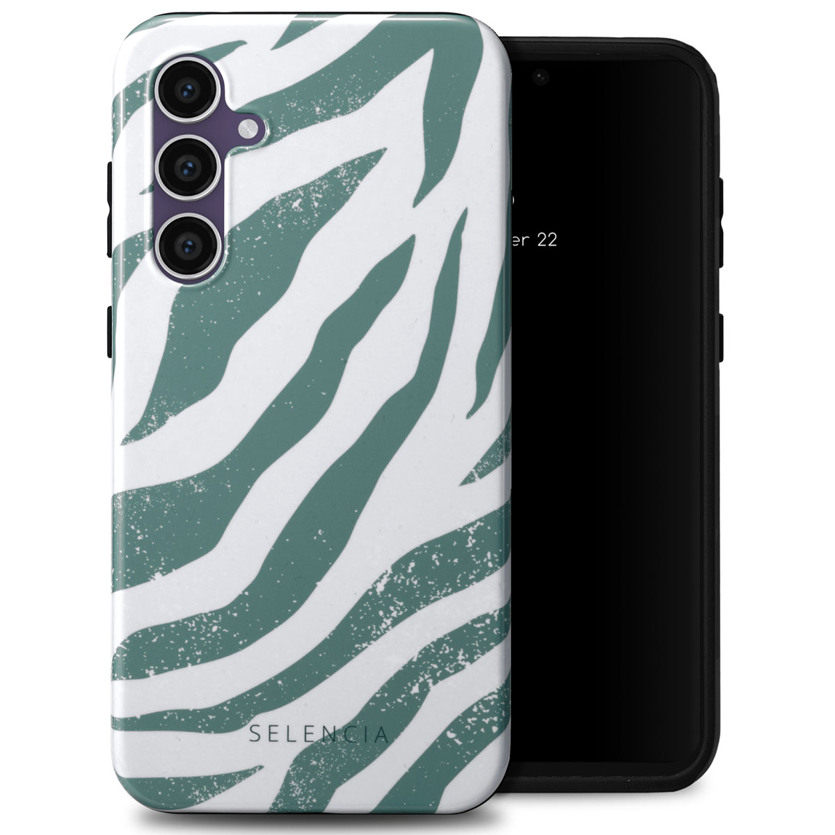 Telefoonhoesje met witte en blauwgroene zebra strepen. De telefoon staat ernaast. De merknaam is Selencia.