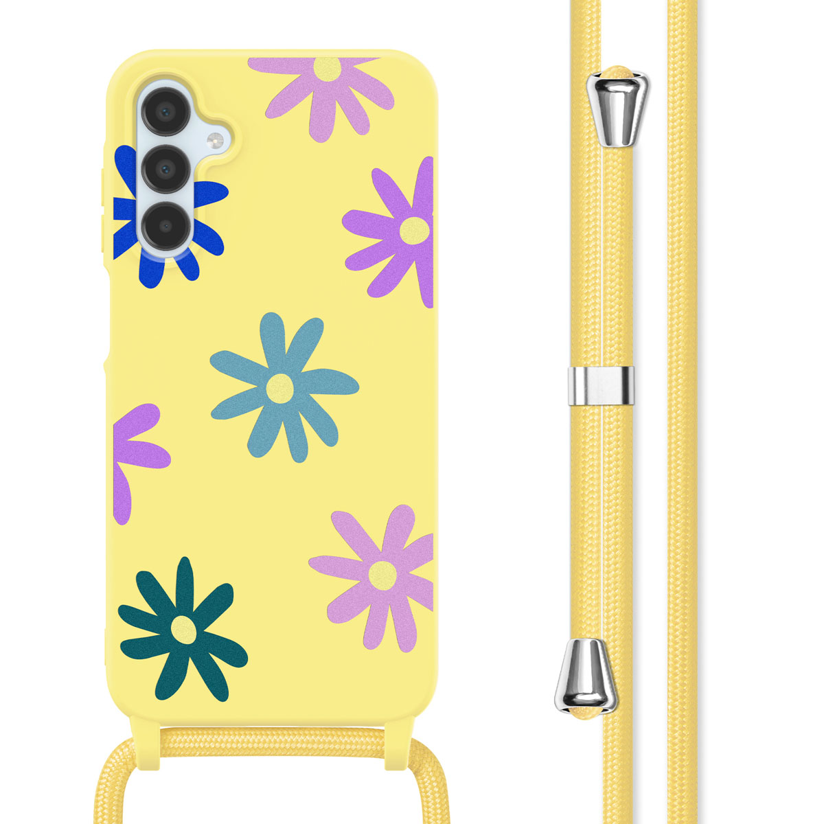 Gele telefoonhoes met bloemenpatroon en bijpassend geel koord. De bloemen zijn blauw, paars en groen.