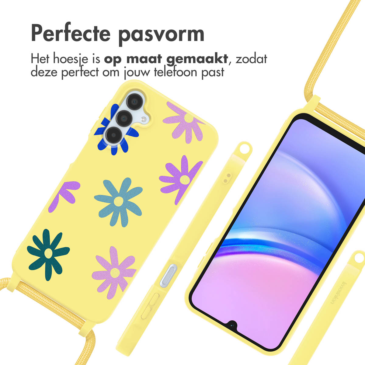 Gele telefoonhoes met bloemenpatroon. Er worden twee telefoonhoesjes weergegeven.