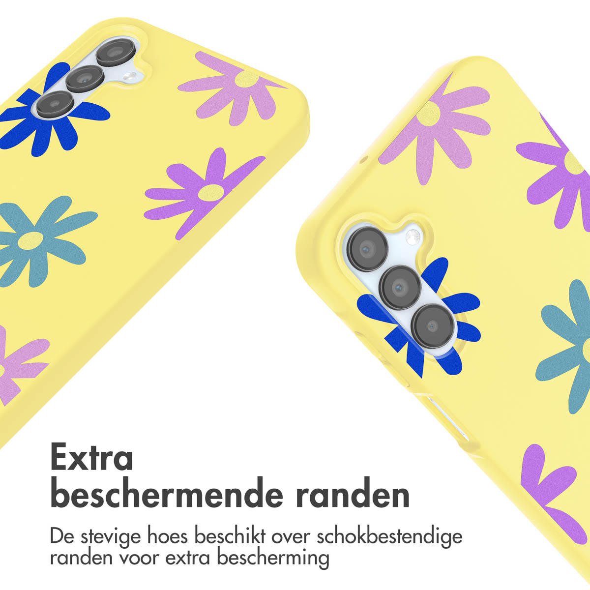 Twee gele telefoonhoesjes met blauw en paars bloemmotief. Tekst: Extra beschermende randen.