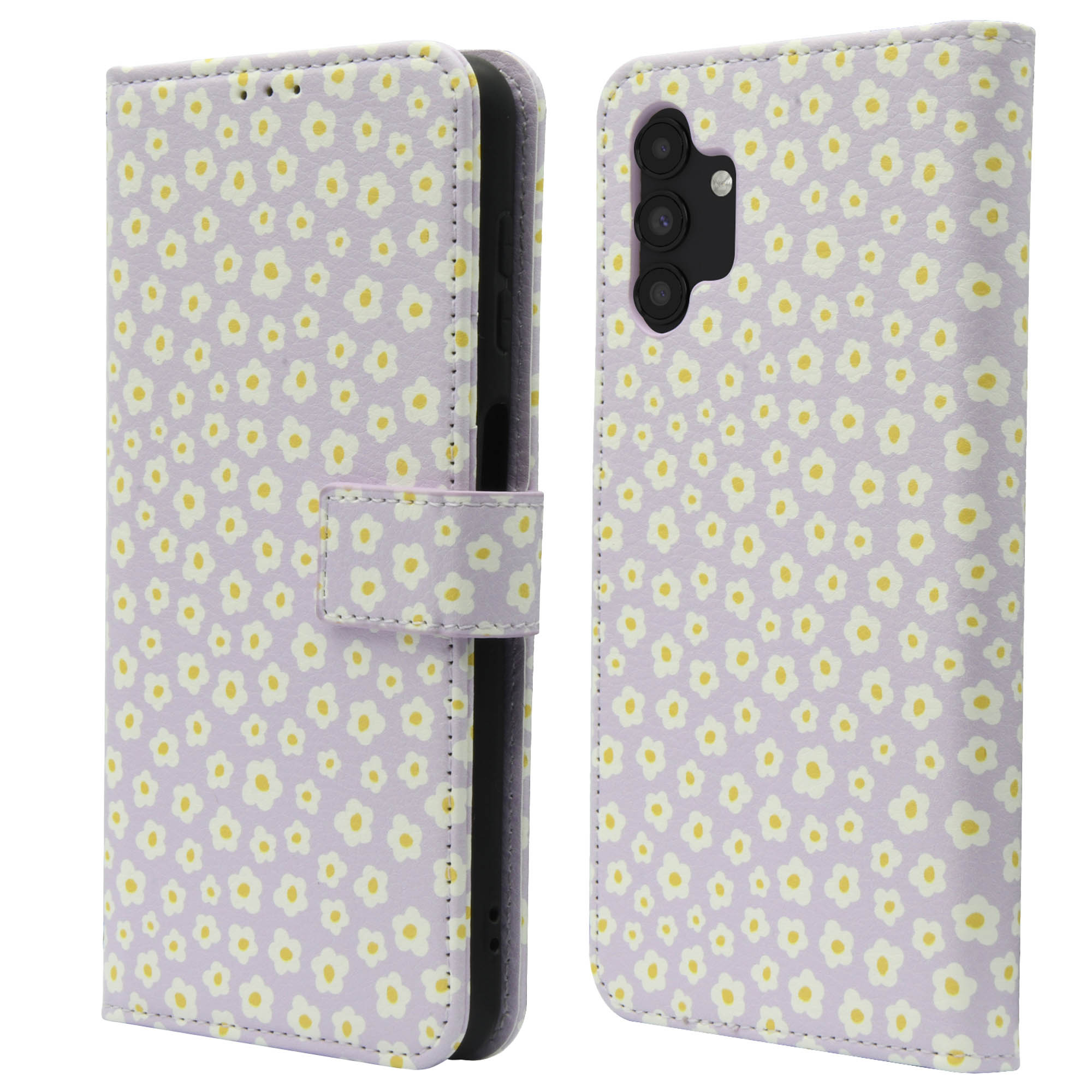Étui de téléphone violet avec des fleurs blanches et des centres jaunes. Il est ouvert et contient un téléphone.