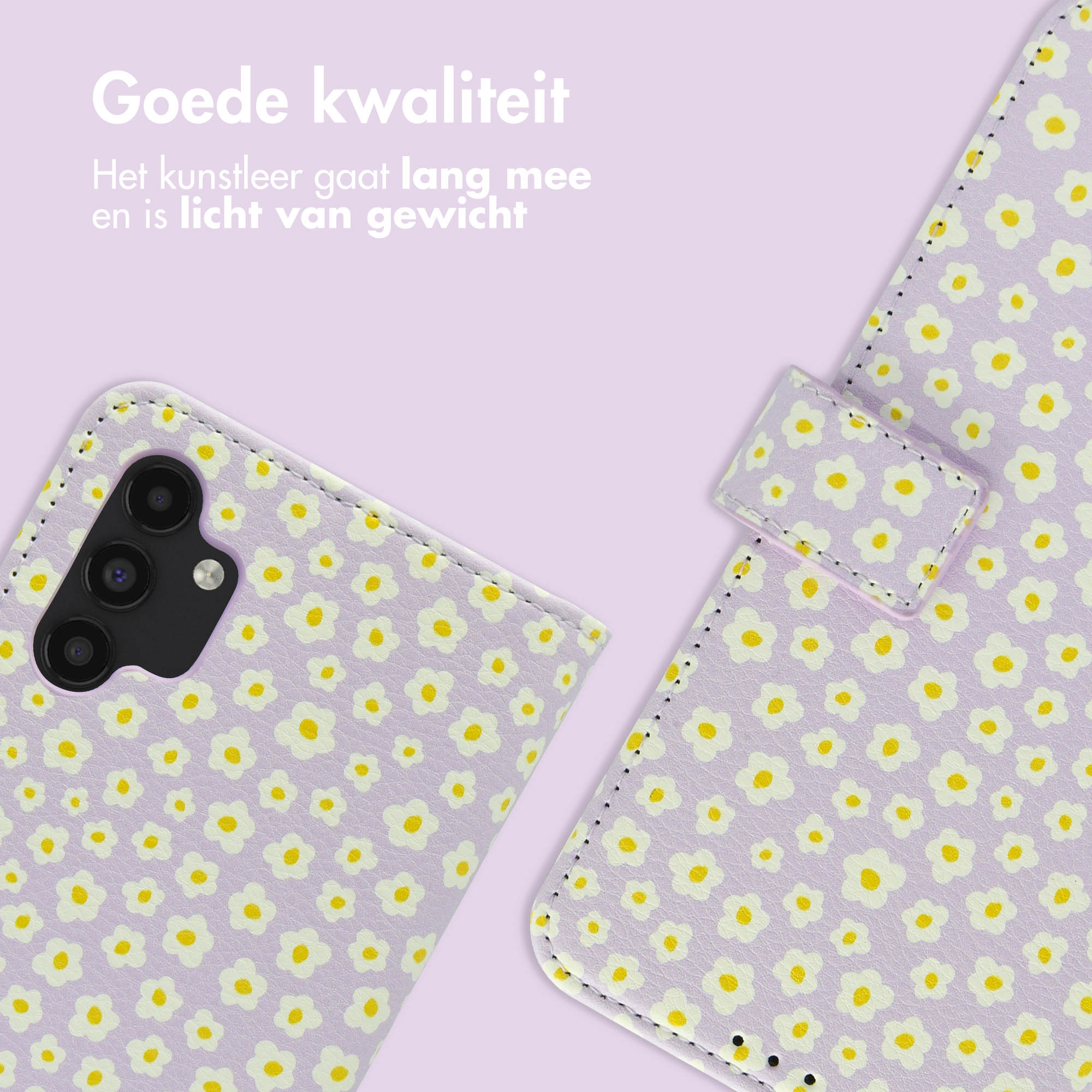 Coque de téléphone avec un motif floral, ouverte pour montrer le téléphone, avec texte : 'Goede kwaliteit'.