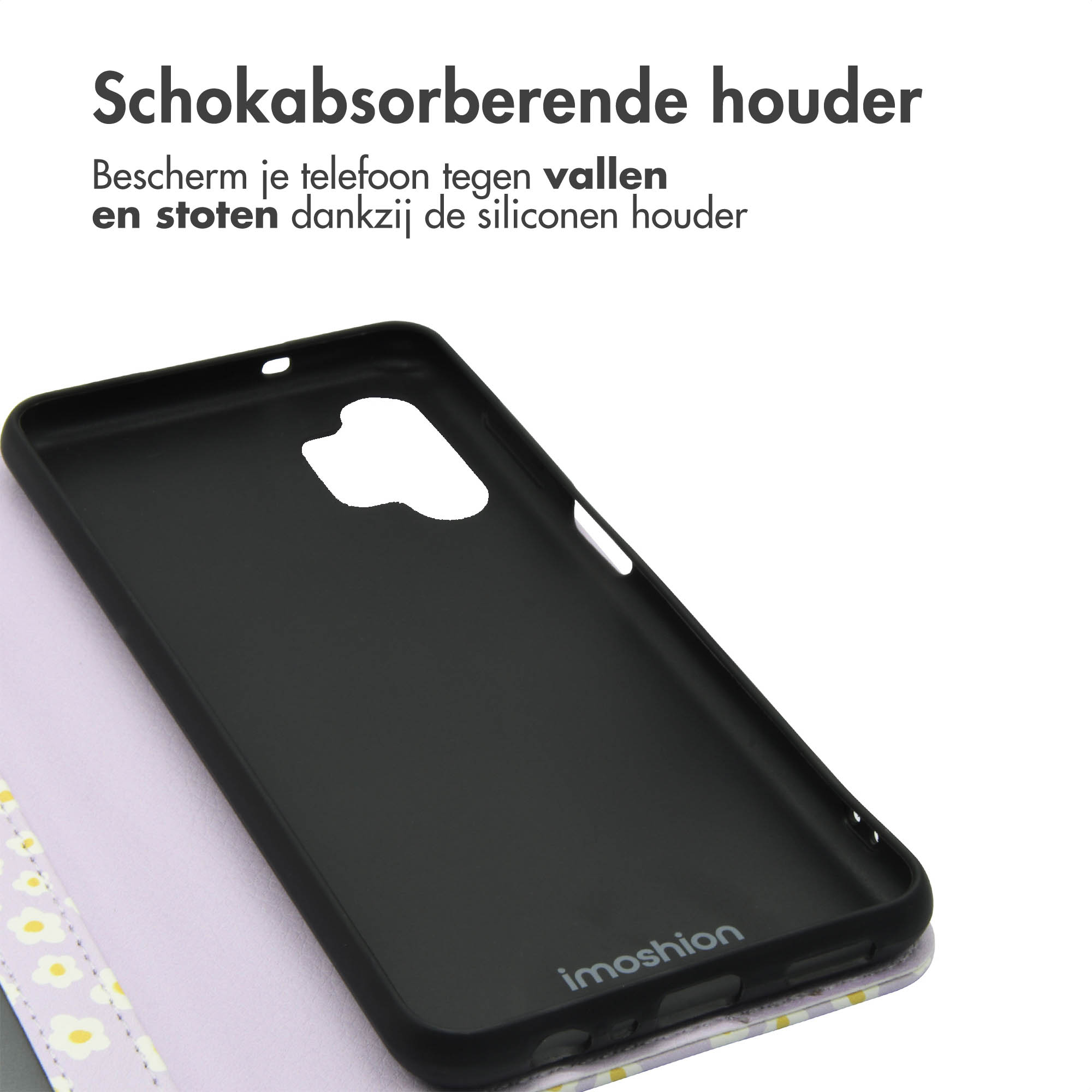 Intérieur d'une coque de téléphone noire. La coque est ouverte, révélant l'intérieur.
