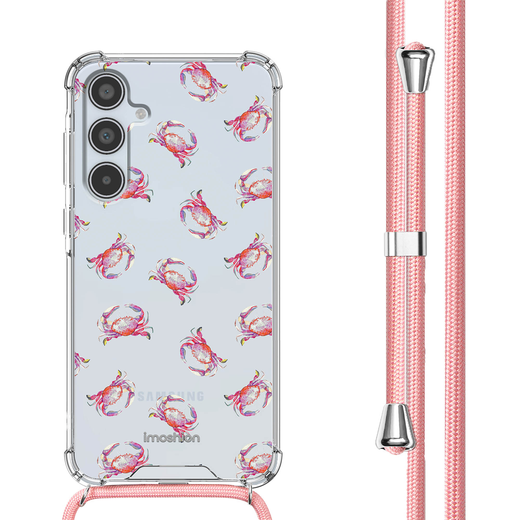 Coque de téléphone transparente avec motif de crabes roses et une lanière rose.
