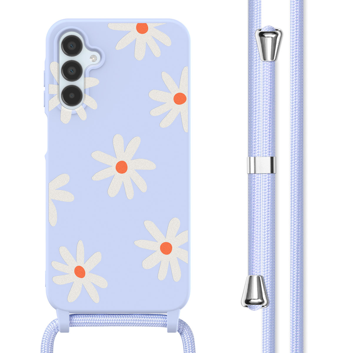 Paarse telefoonhoes met madeliefpatroon en een paars koord.