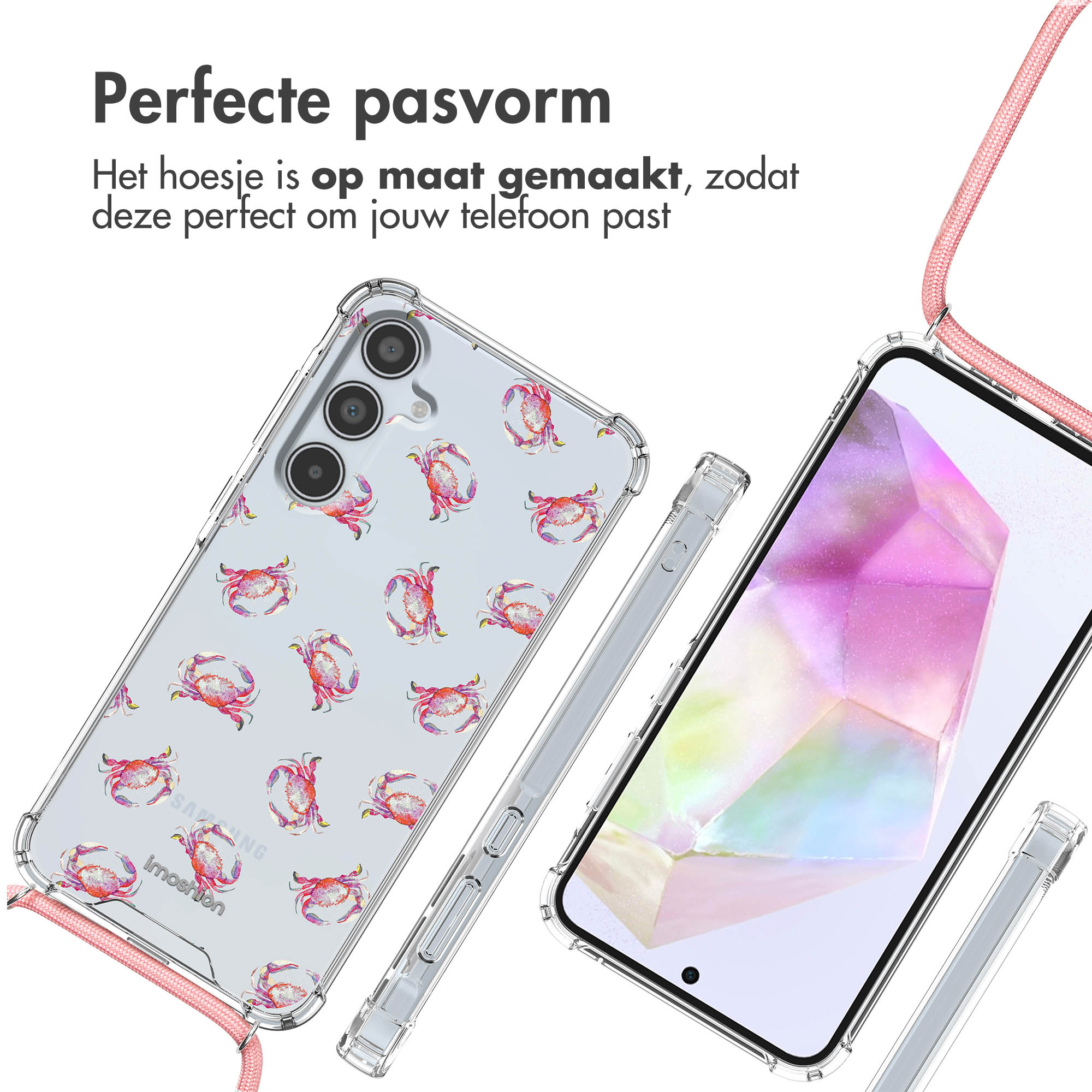 Coques de téléphone transparentes à motifs de crabes. Une coque a une sangle rose.