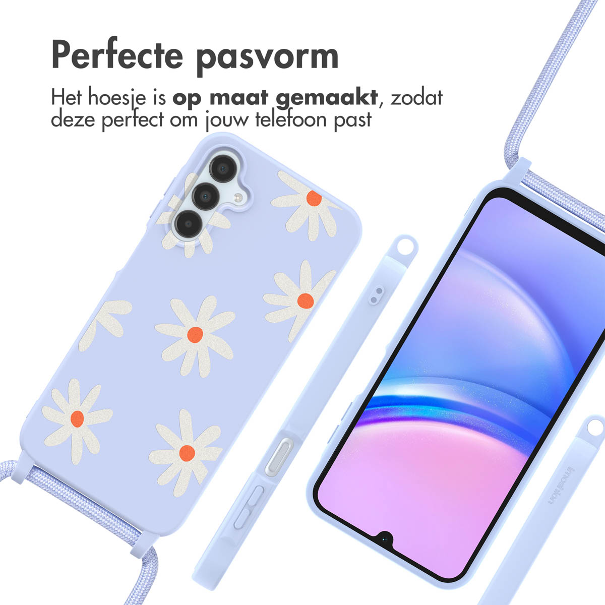 Twee telefoonhoesjes met madeliefpatroon, lichtblauw en wit, met een koord.