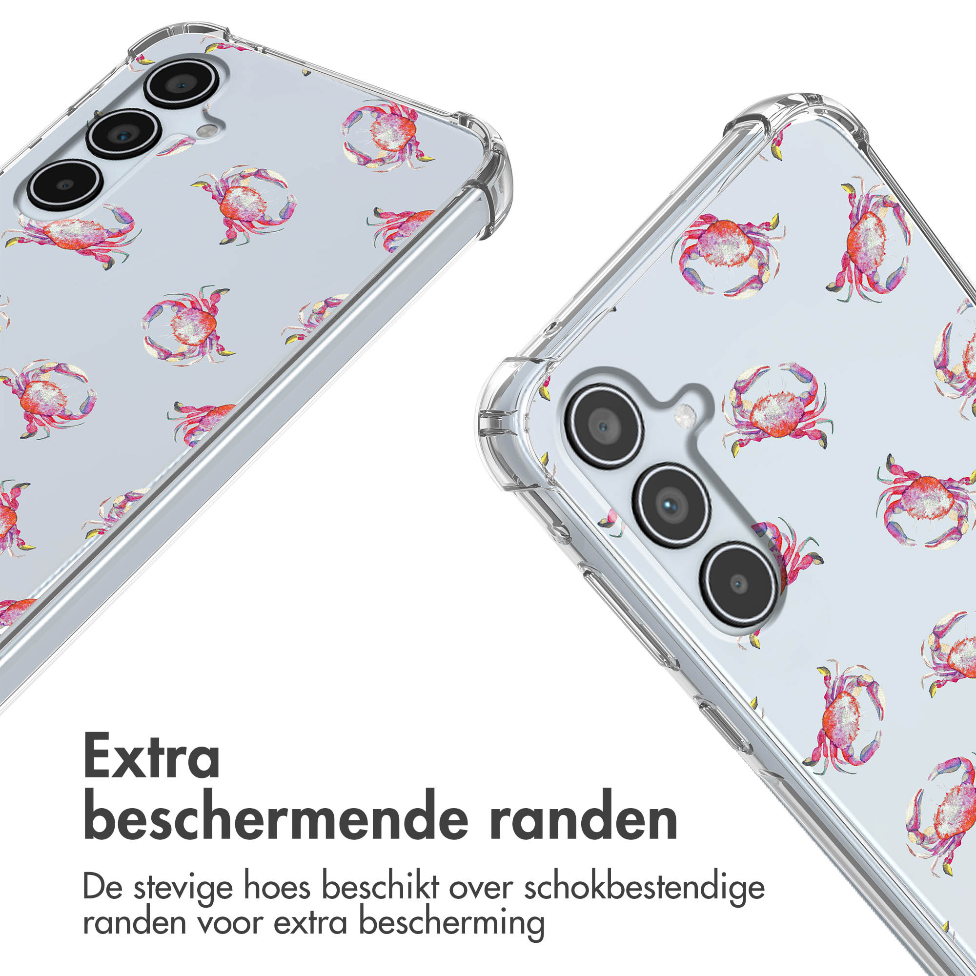 Deux coques de téléphone transparentes avec motif de crabes, gros plan sur les coins.